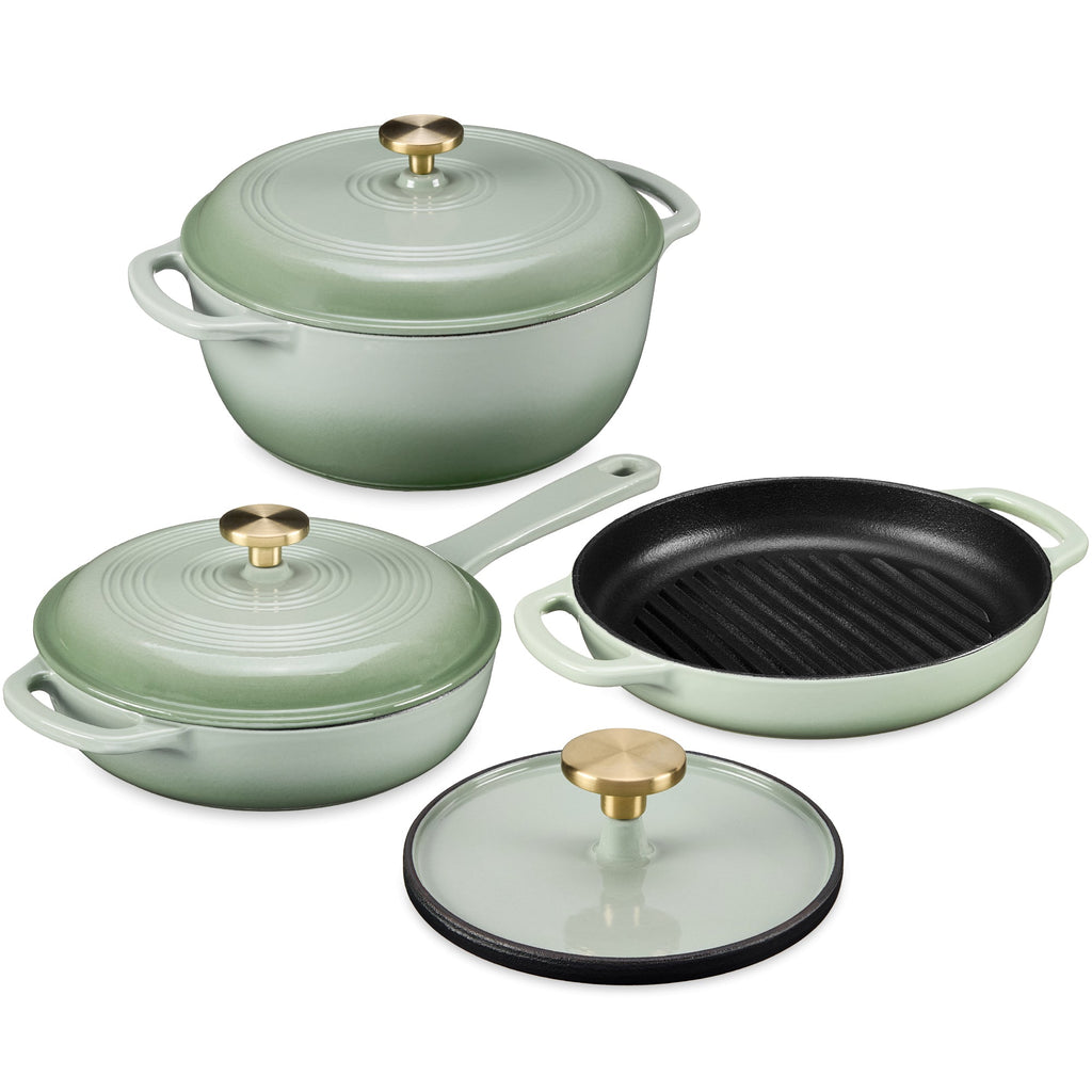 6-Piece Cast Iron Cookware Set Dutch Oven Skillet W/Lid Grill Pan Press
