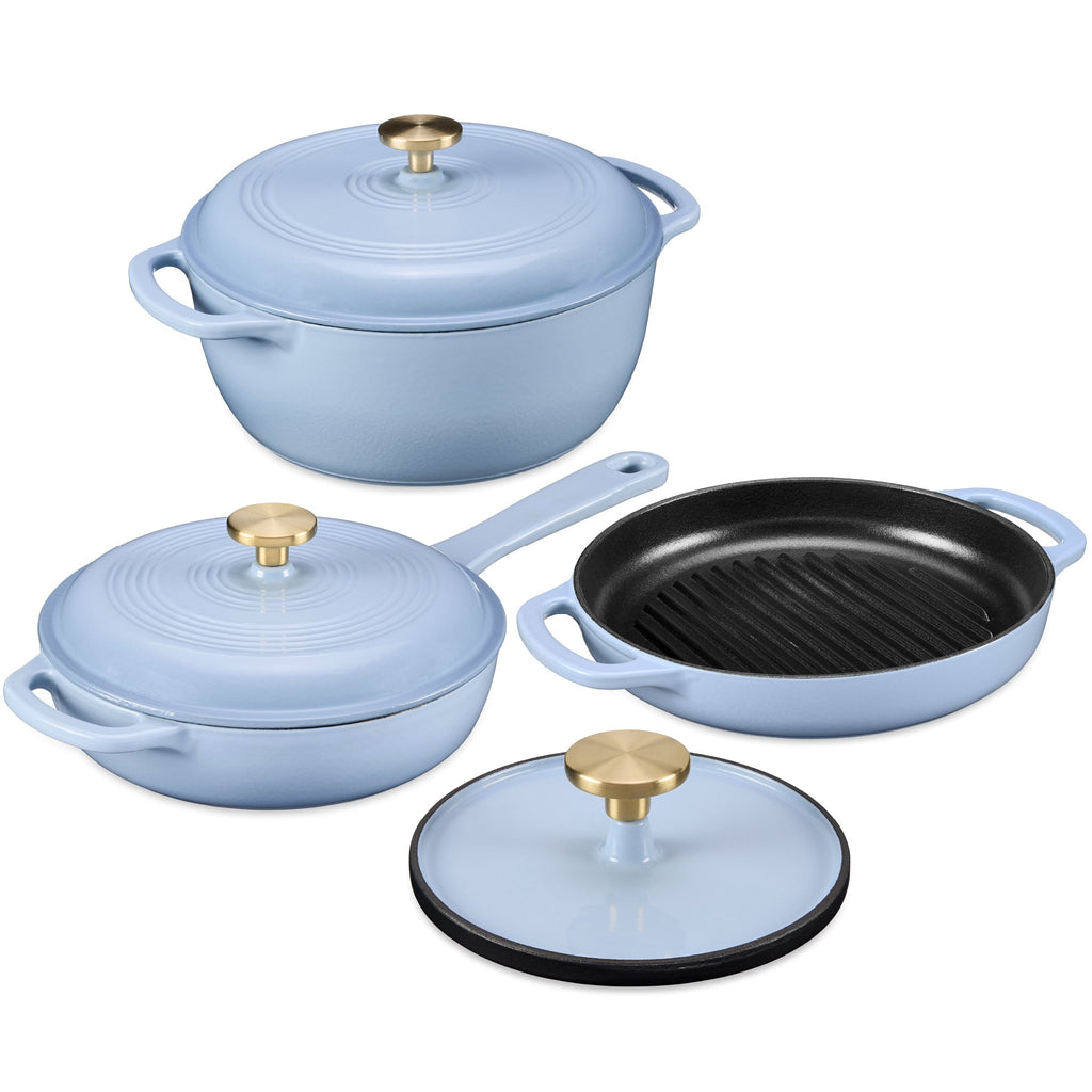 6-Piece Cast Iron Cookware Set Dutch Oven Skillet W/Lid Grill Pan Press