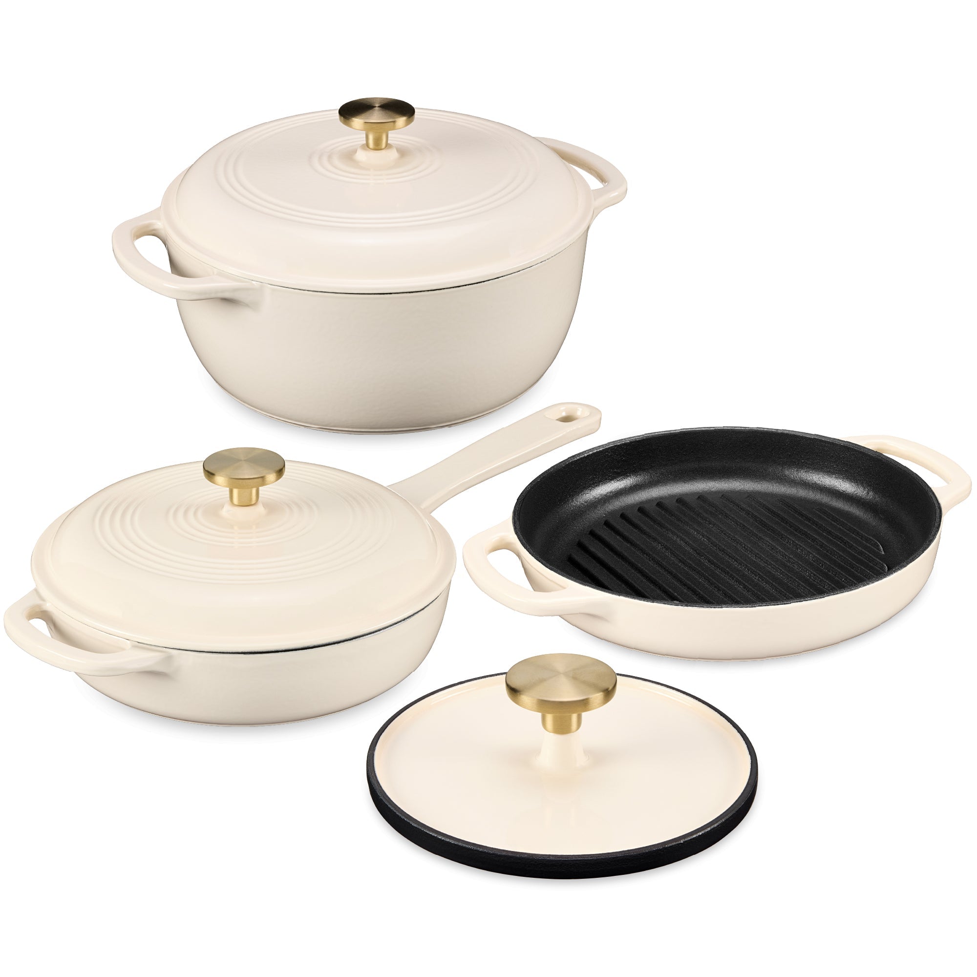 6-Piece Cast Iron Cookware Set Dutch Oven Skillet W/Lid Grill Pan Press