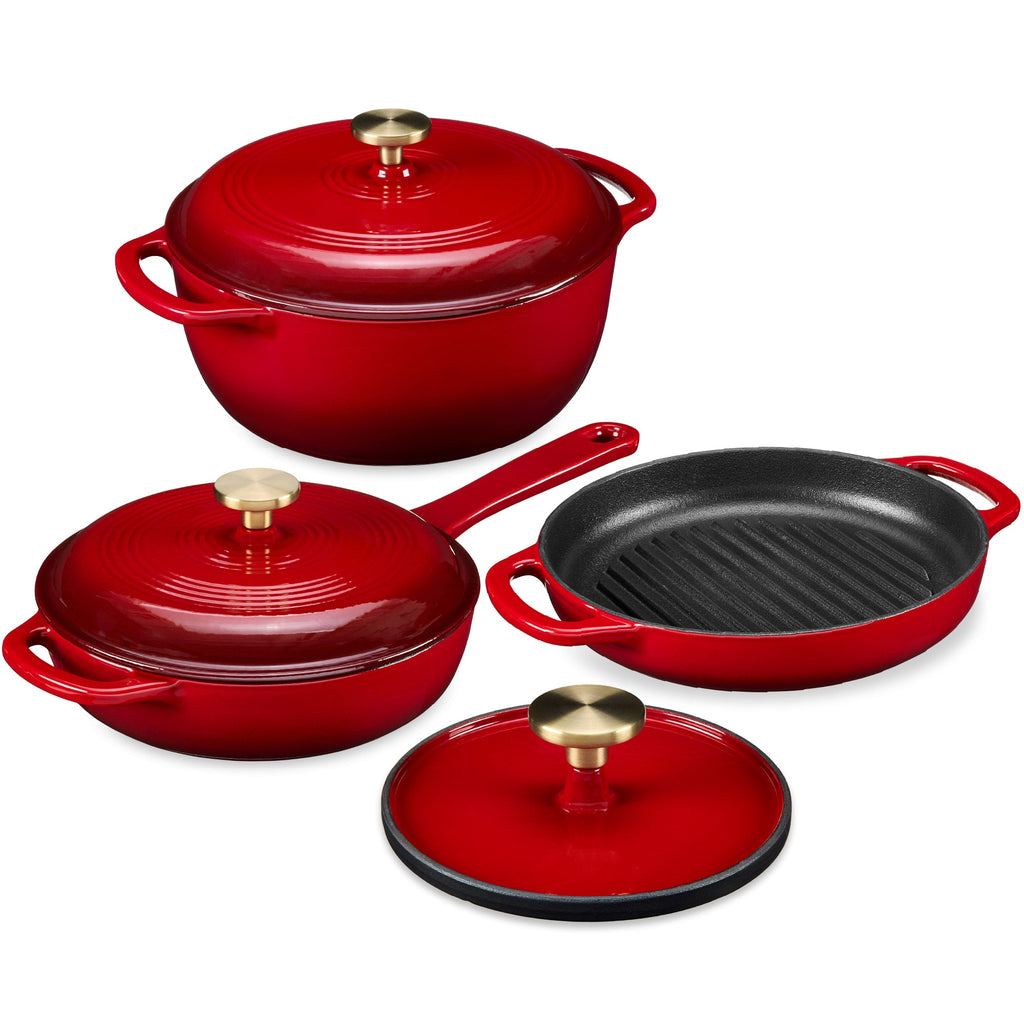 6-Piece Cast Iron Cookware Set Dutch Oven Skillet W/Lid Grill Pan Press