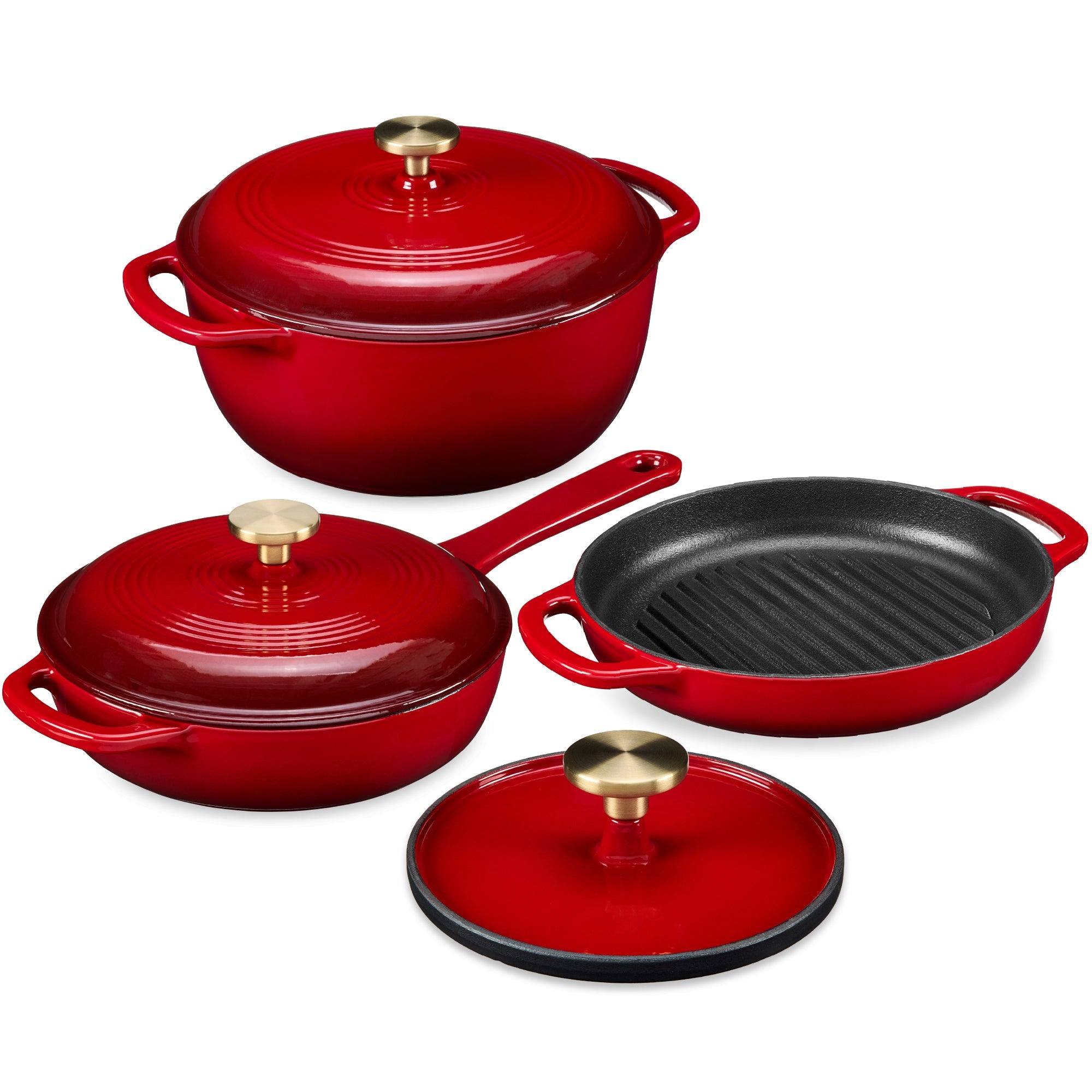 6-Piece Cast Iron Cookware Set Dutch Oven Skillet W/Lid Grill Pan Press