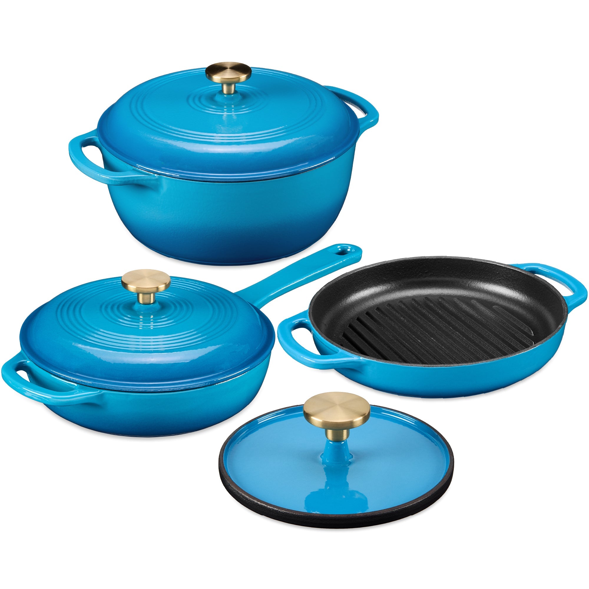 6-Piece Cast Iron Cookware Set Dutch Oven Skillet W/Lid Grill Pan Press