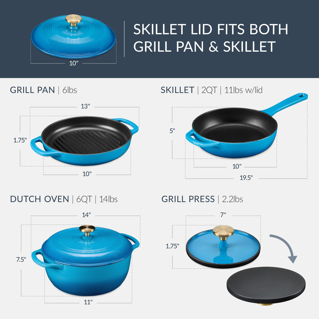 6-Piece Cast Iron Cookware Set Dutch Oven Skillet W/Lid Grill Pan Press