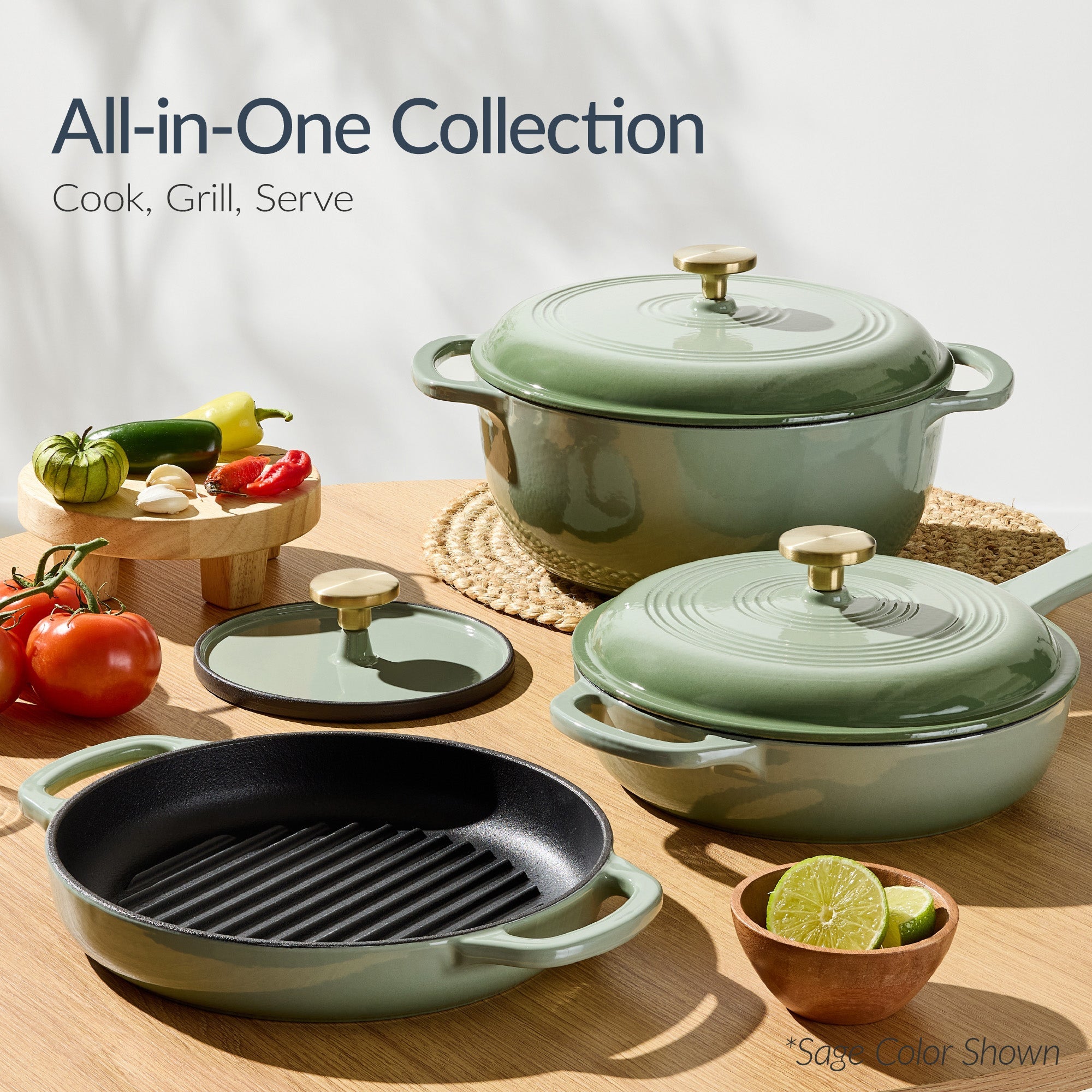 6-Piece Cast Iron Cookware Set Dutch Oven Skillet W/Lid Grill Pan Press
