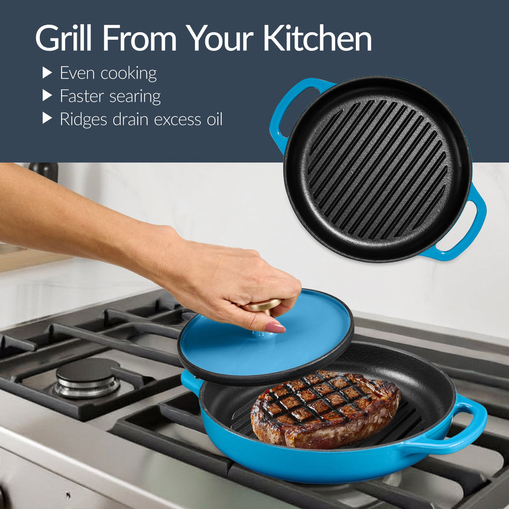 6-Piece Cast Iron Cookware Set Dutch Oven Skillet W/Lid Grill Pan Press