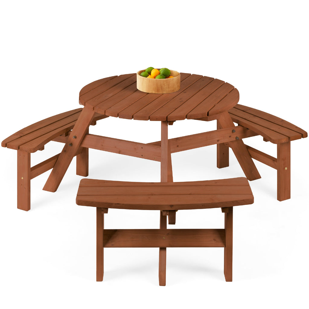 6-Person Circular Wooden Picnic Table w/ Umbrella Hole 3 Benches