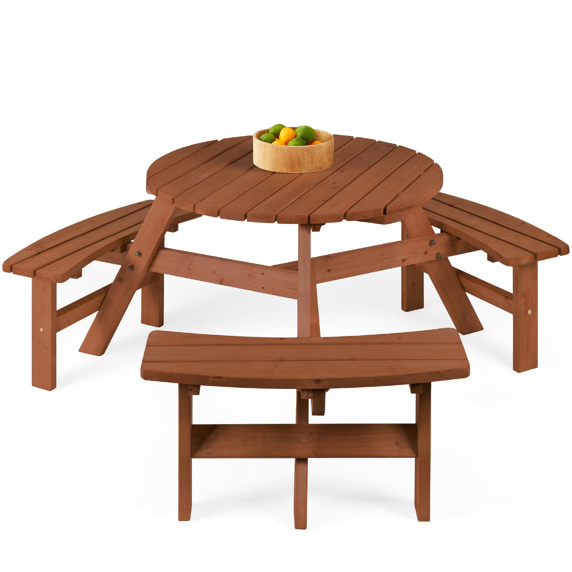 6-Person Circular Wooden Picnic Table w/ Umbrella Hole 3 Benches