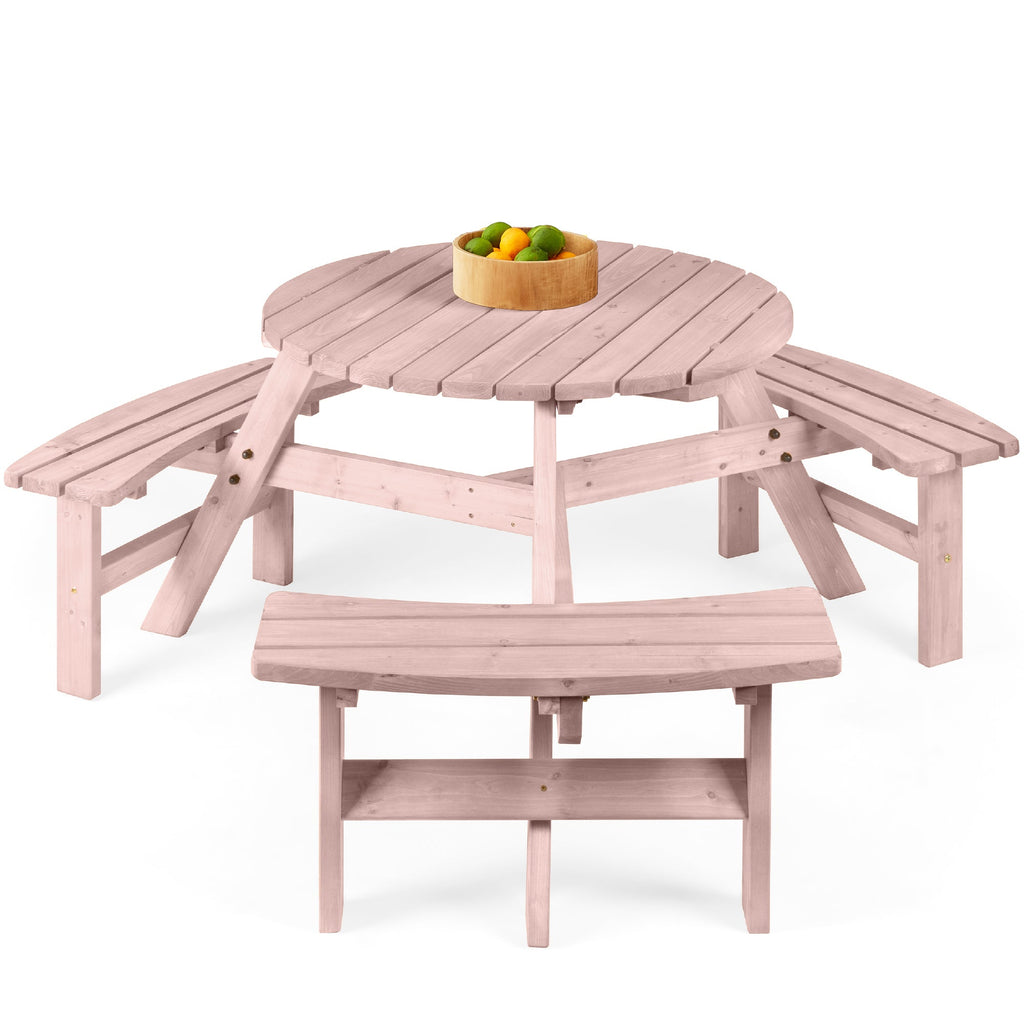 6-Person Circular Wooden Picnic Table w/ Umbrella Hole 3 Benches