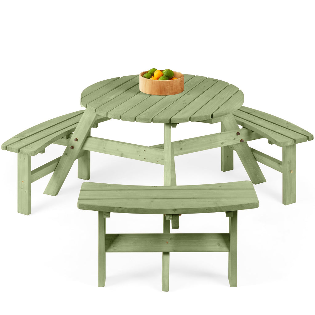 6-Person Circular Wooden Picnic Table w/ Umbrella Hole 3 Benches