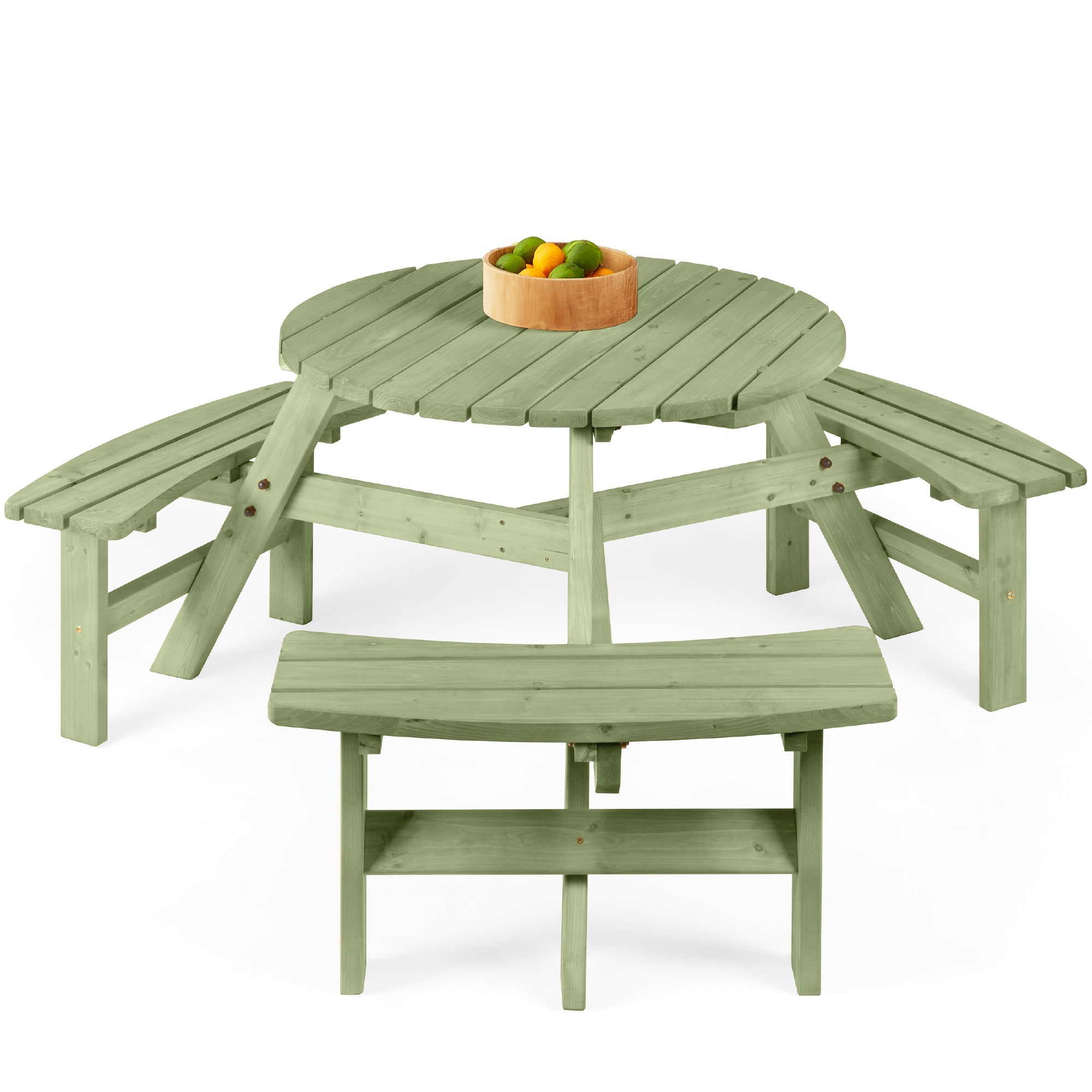 6-Person Circular Wooden Picnic Table w/ Umbrella Hole 3 Benches
