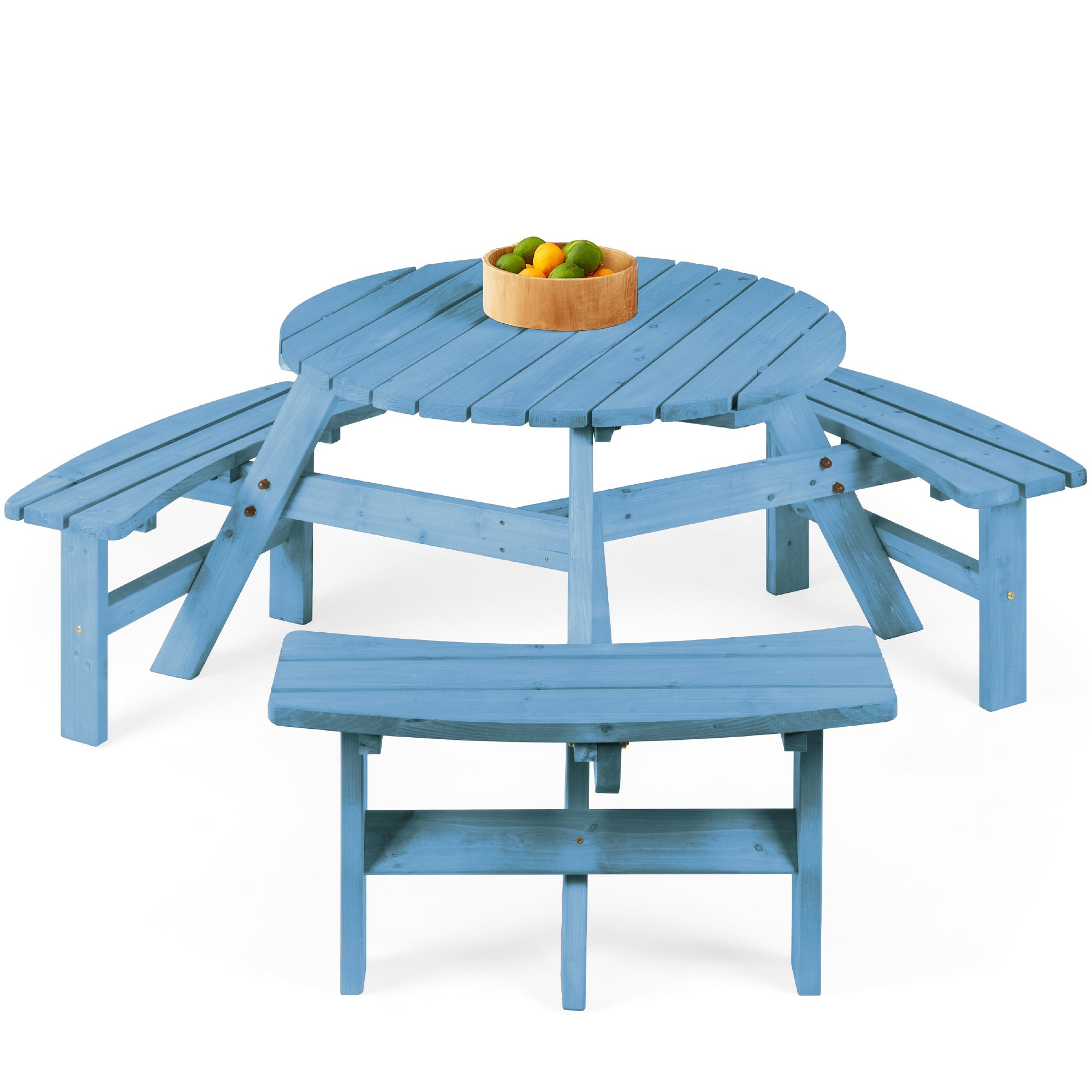 6-Person Circular Wooden Picnic Table w/ Umbrella Hole 3 Benches