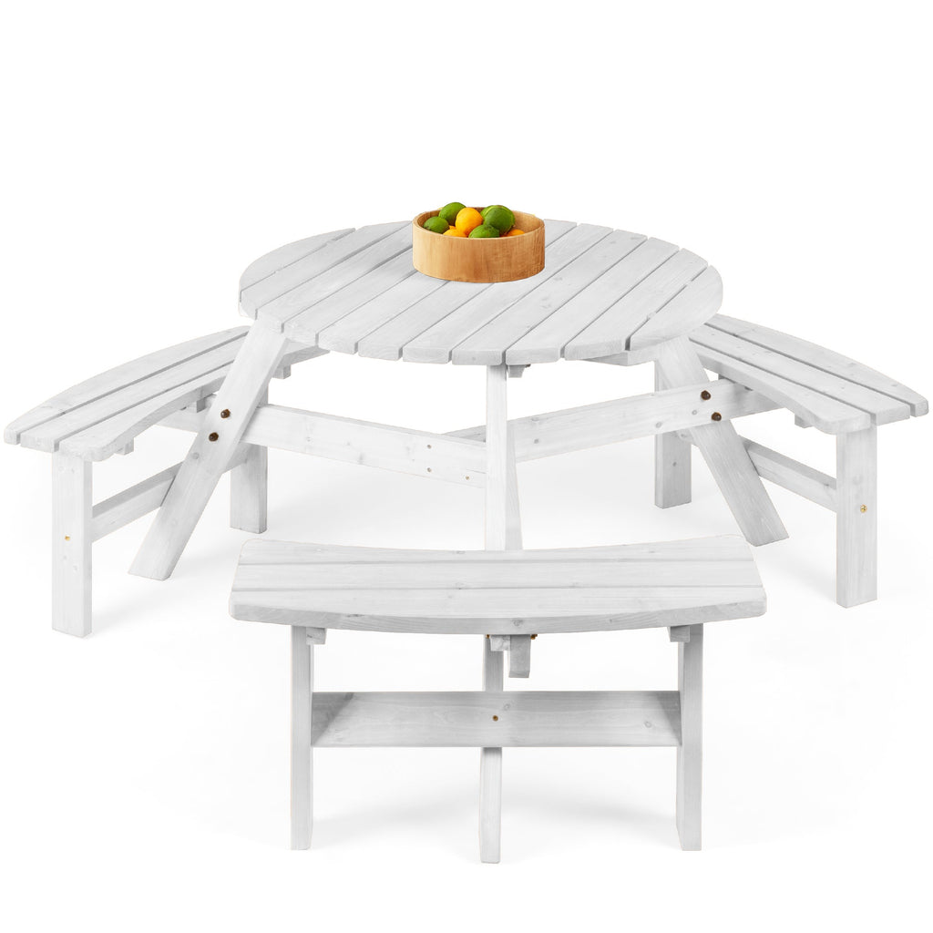 6-Person Circular Wooden Picnic Table w/ Umbrella Hole 3 Benches