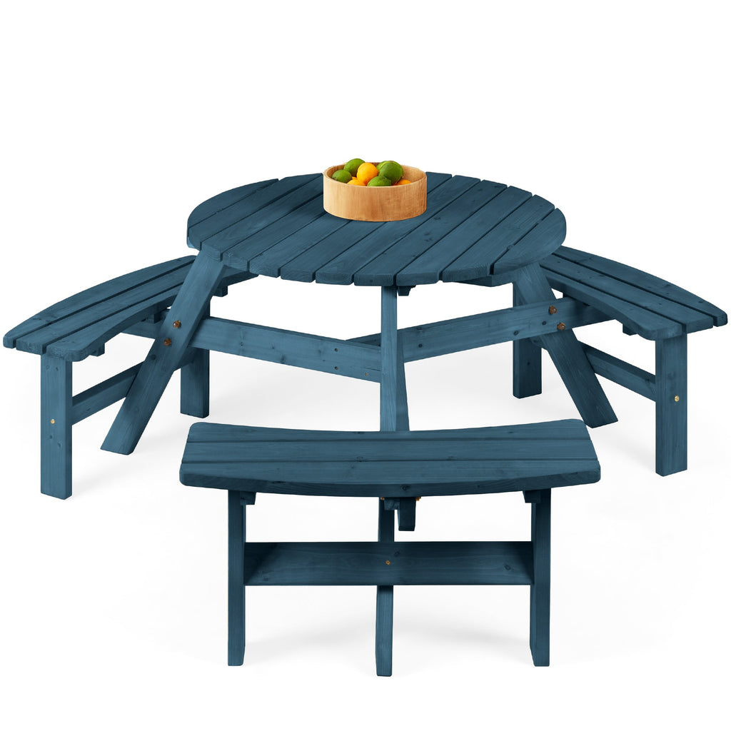 6-Person Circular Wooden Picnic Table w/ Umbrella Hole 3 Benches