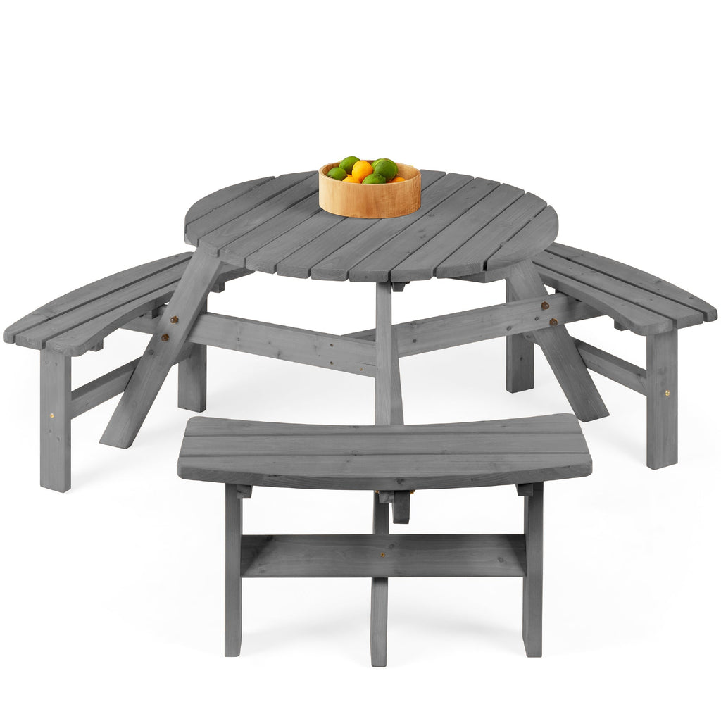 6-Person Circular Wooden Picnic Table w/ Umbrella Hole 3 Benches