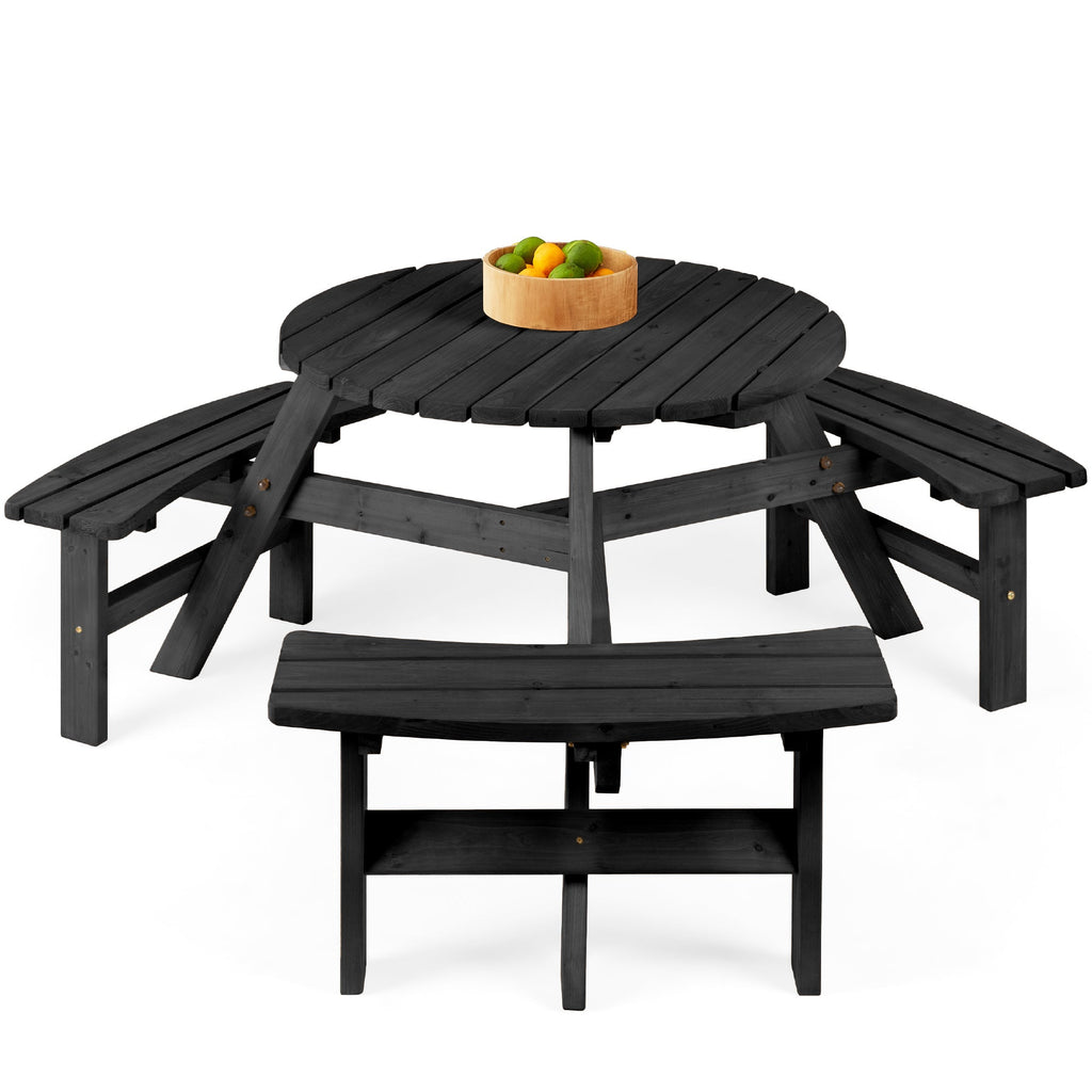 6-Person Circular Wooden Picnic Table w/ Umbrella Hole 3 Benches