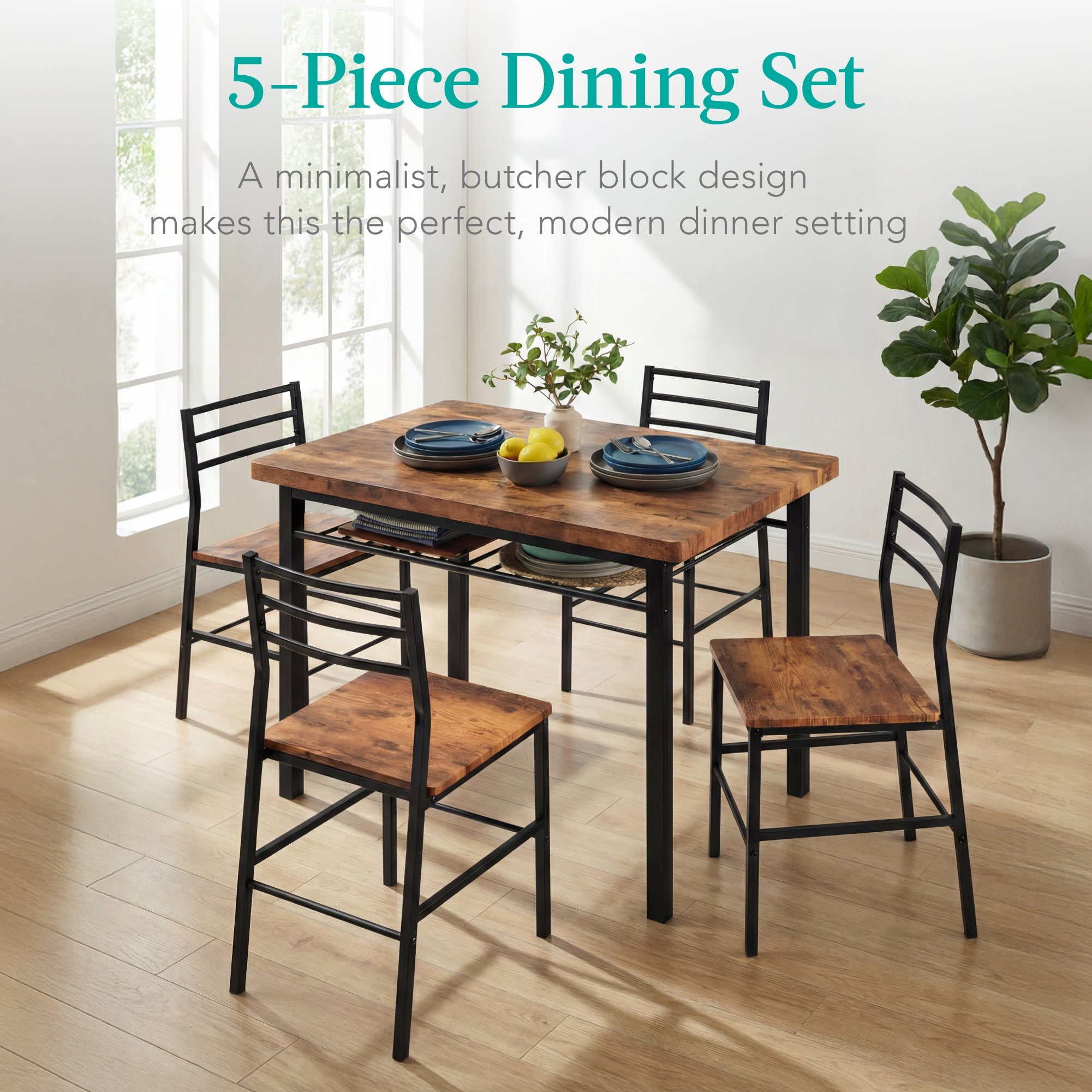5-Piece Modern Dining Set Kitchen Table W/ 4 Matching Chairs & Storage Rack