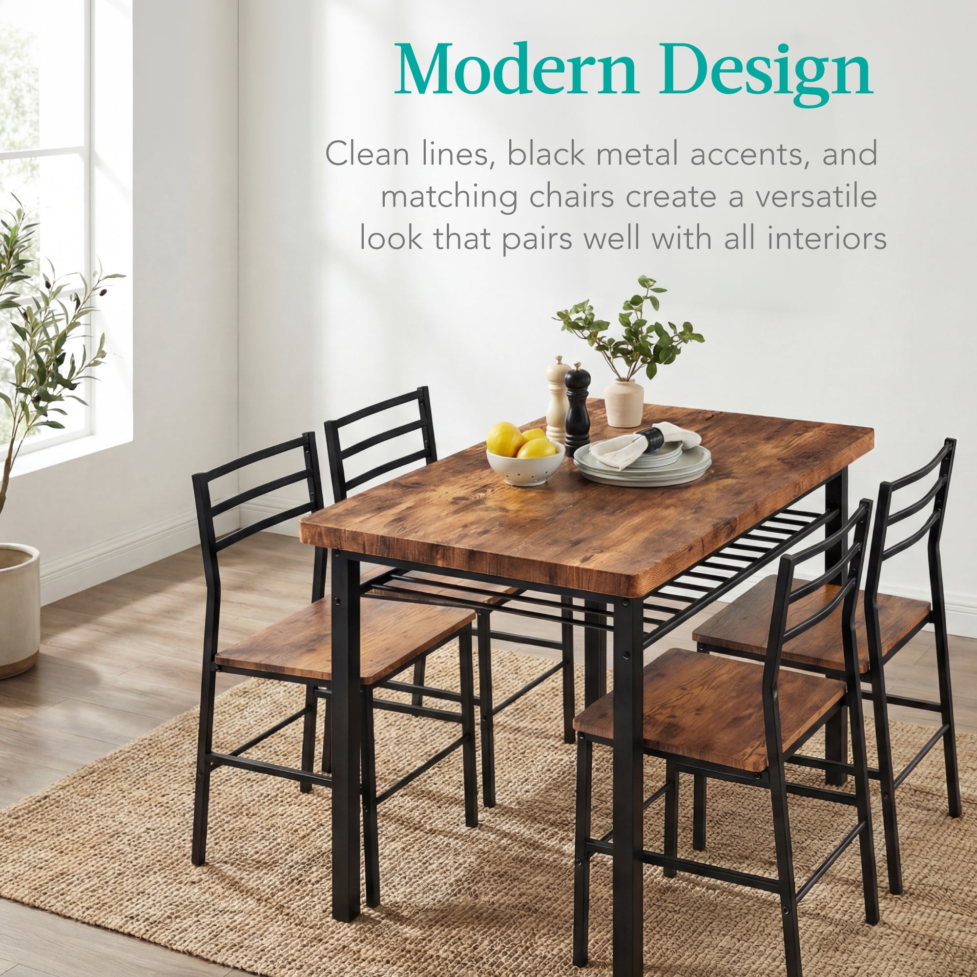5-Piece Modern Dining Set Kitchen Table W/ 4 Matching Chairs & Storage Rack