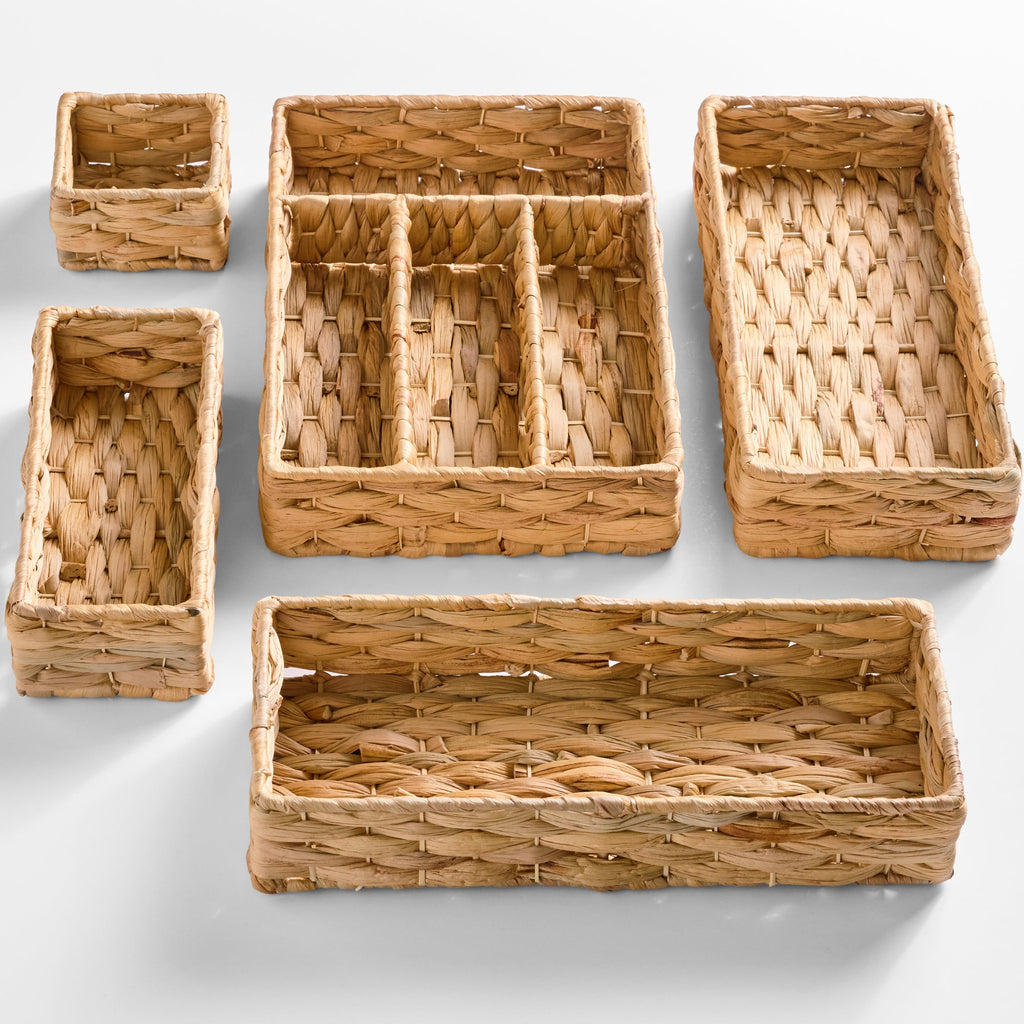 5PC Flatware Organizer Set Woven Modular Silverware & Utensil Drawer Trays