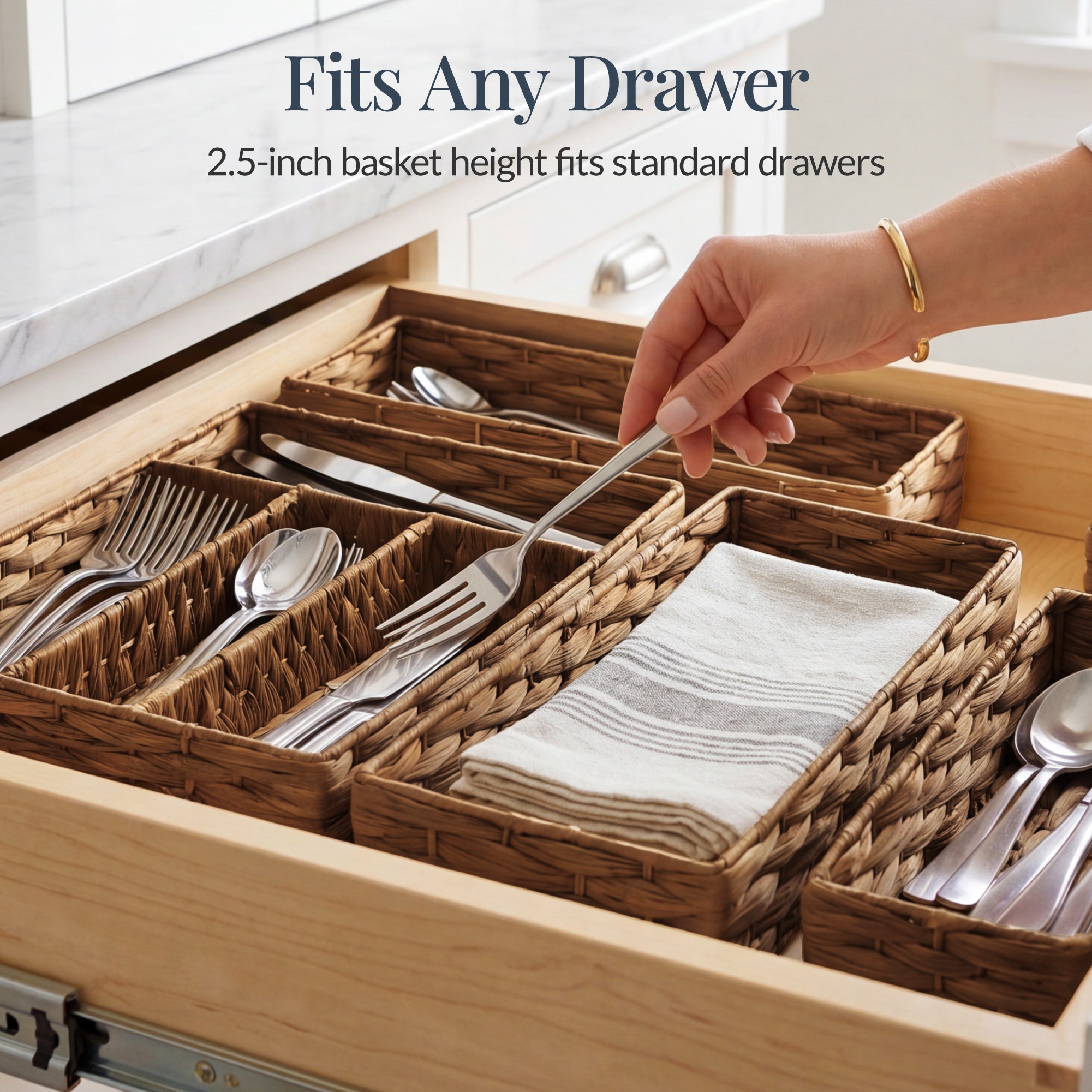 5PC Flatware Organizer Set Woven Modular Silverware & Utensil Drawer Trays