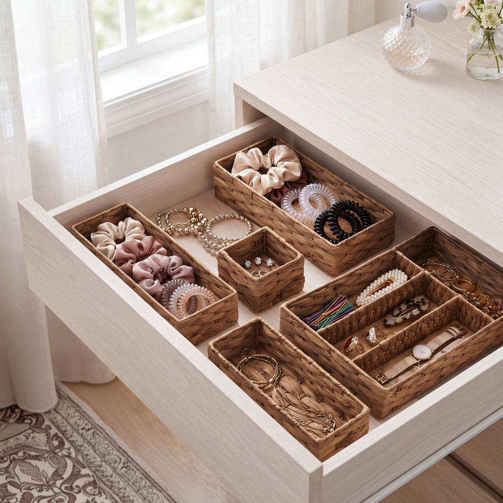 5PC Flatware Organizer Set Woven Modular Silverware & Utensil Drawer Trays