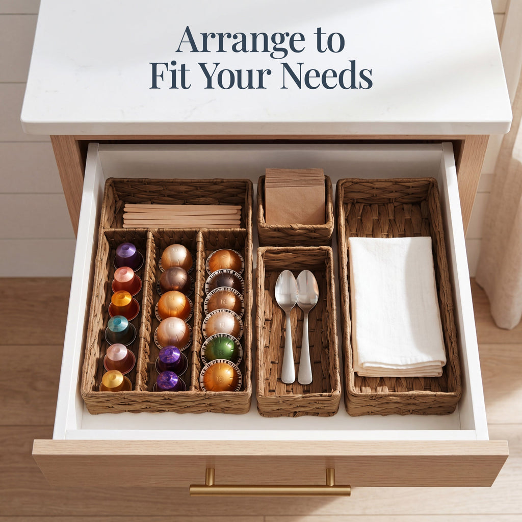 5PC Flatware Organizer Set Woven Modular Silverware & Utensil Drawer Trays
