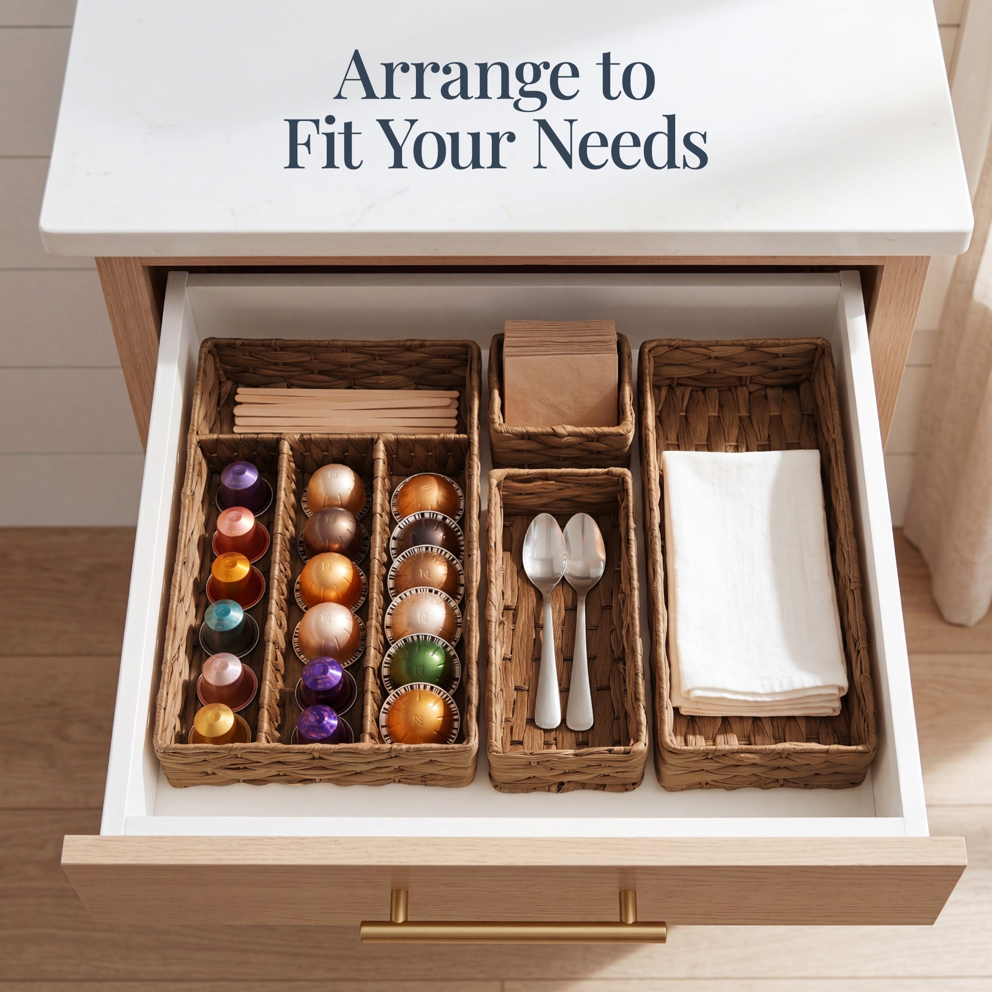 5PC Flatware Organizer Set Woven Modular Silverware & Utensil Drawer Trays