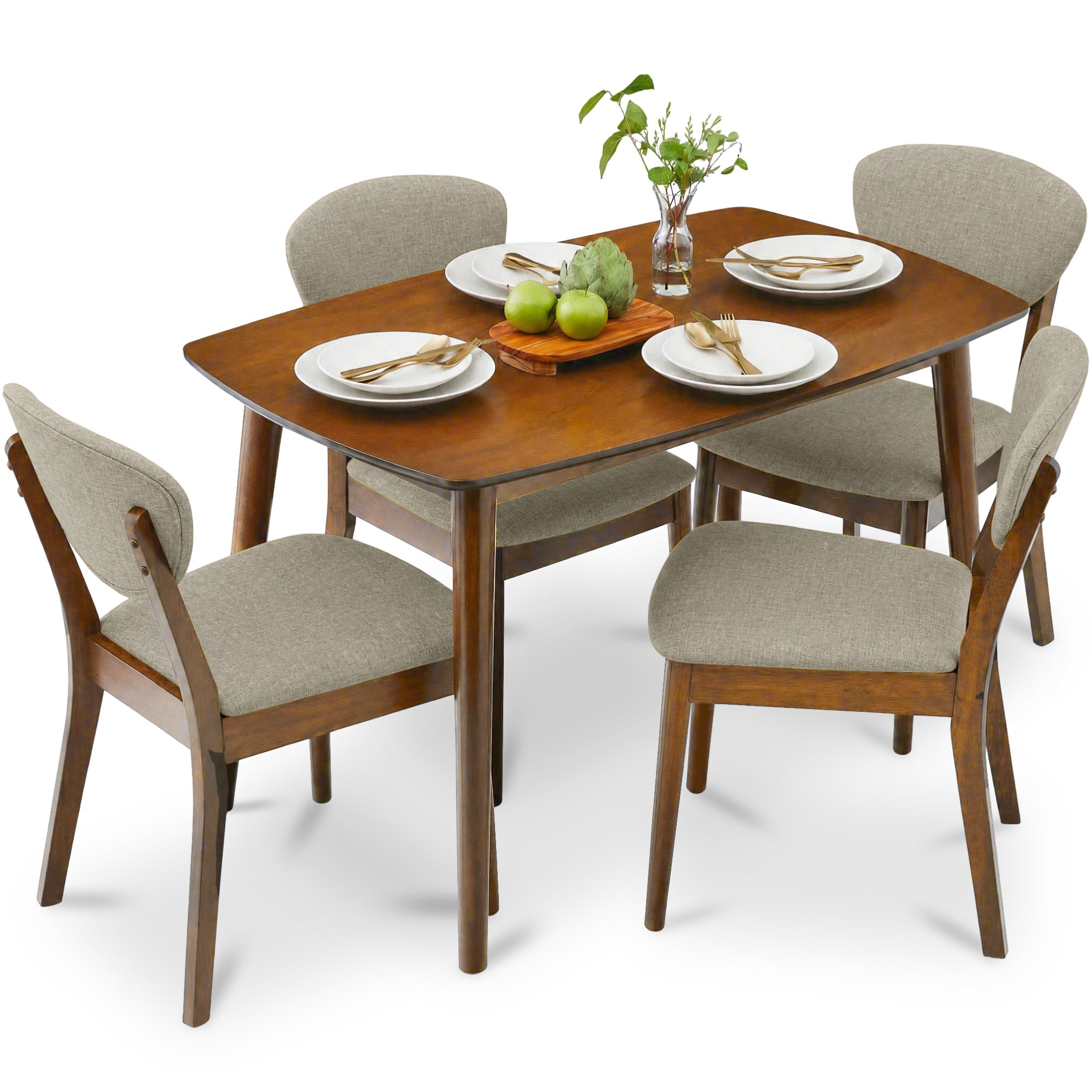 5-Piece Wooden Mid-Century Modern Dining Set w/ 4 Chairs Padded Seat & Back