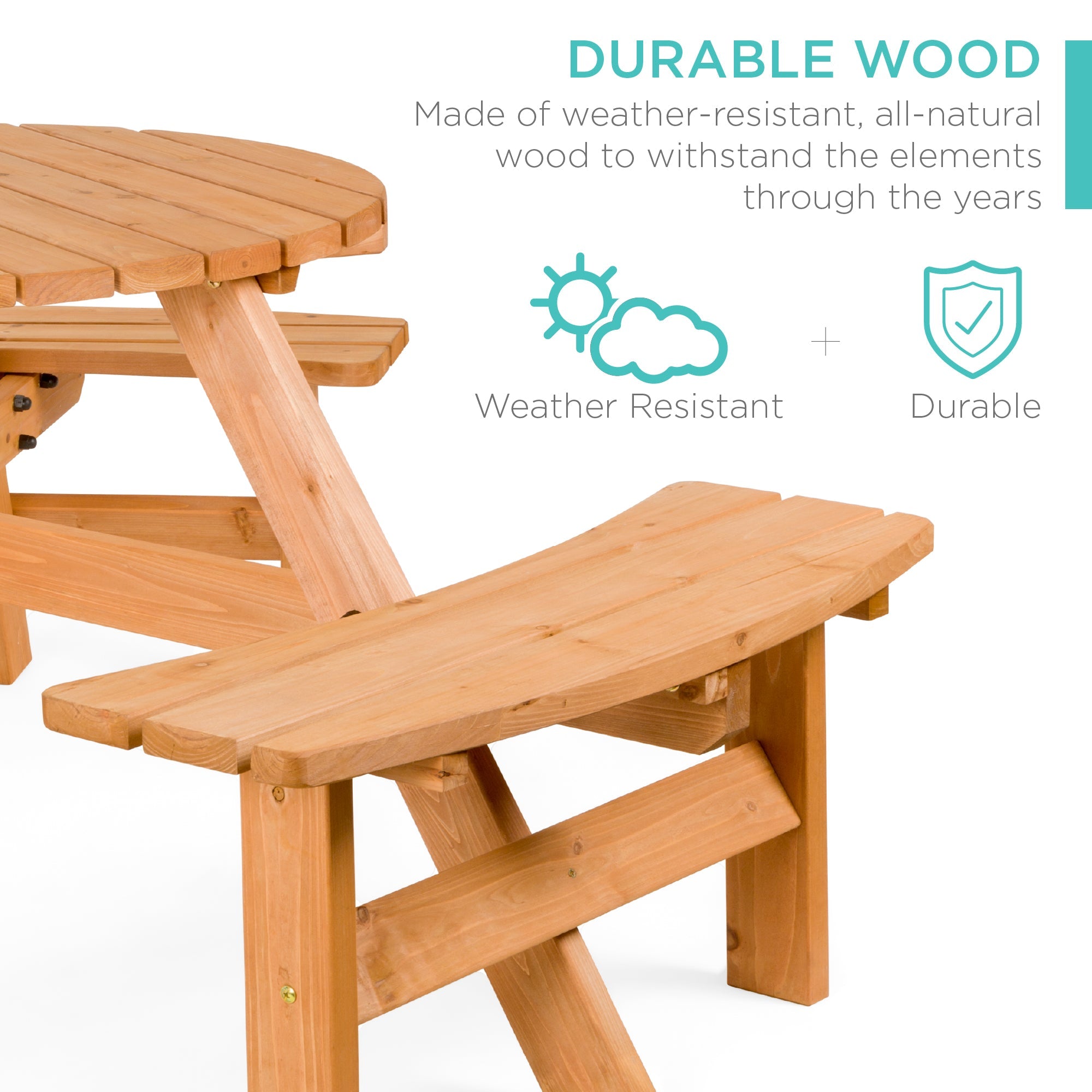 6-Person Circular Wooden Picnic Table w/ Umbrella Hole 3 Benches