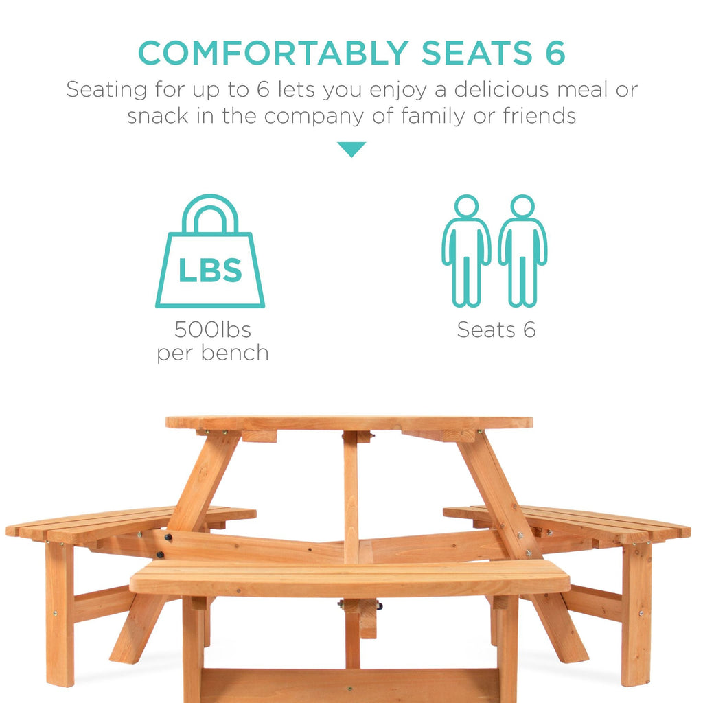 6-Person Circular Wooden Picnic Table w/ Umbrella Hole 3 Benches