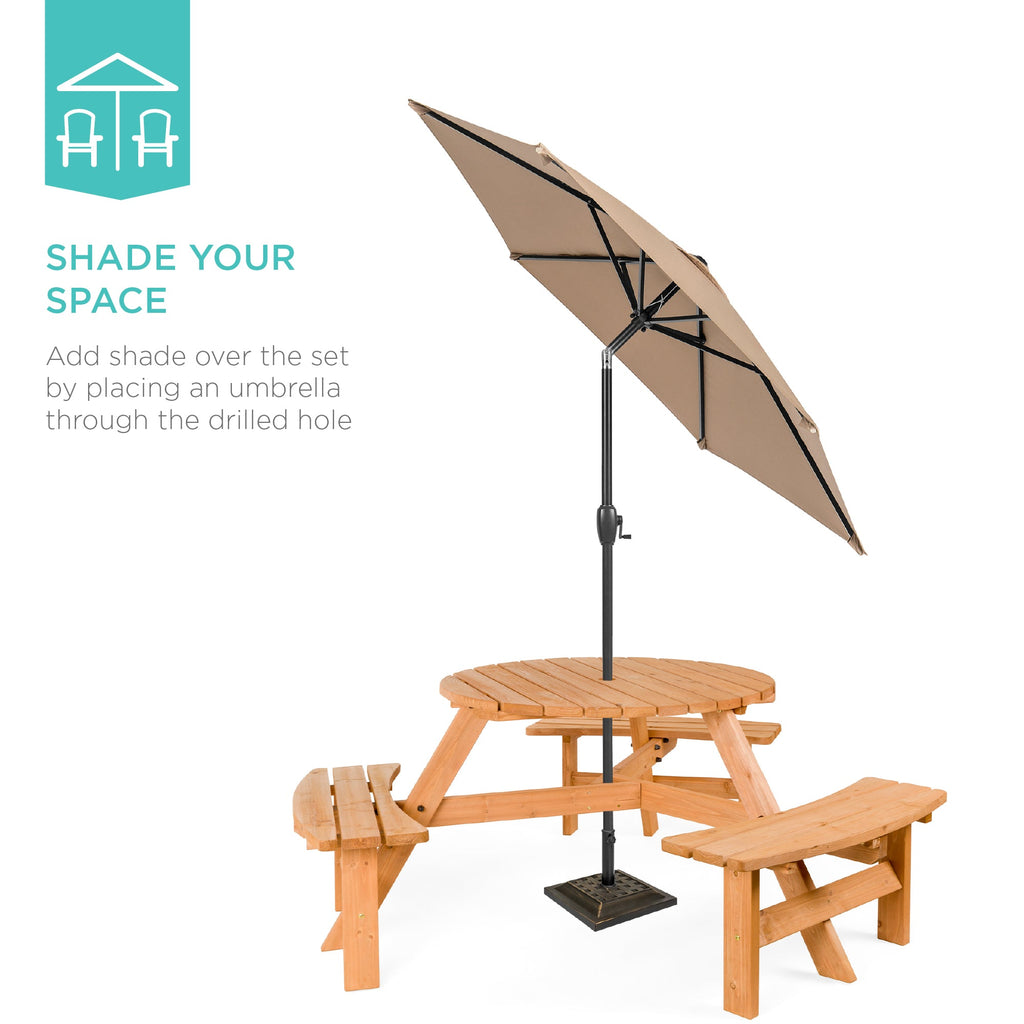 6-Person Circular Wooden Picnic Table w/ Umbrella Hole 3 Benches
