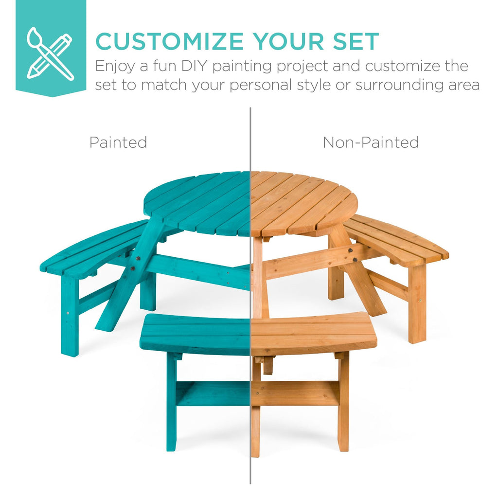 6-Person Circular Wooden Picnic Table w/ Umbrella Hole 3 Benches