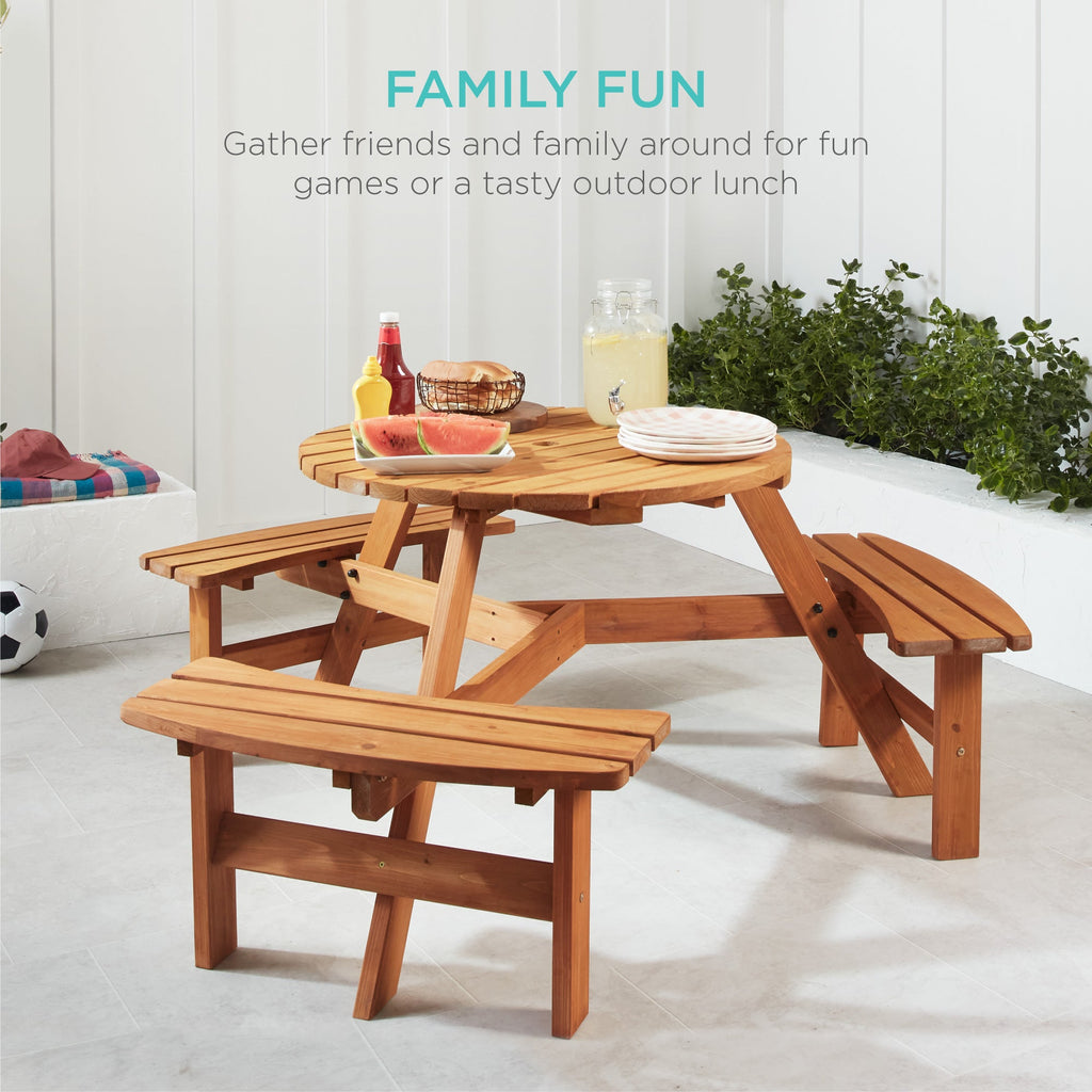 6-Person Circular Wooden Picnic Table w/ Umbrella Hole 3 Benches