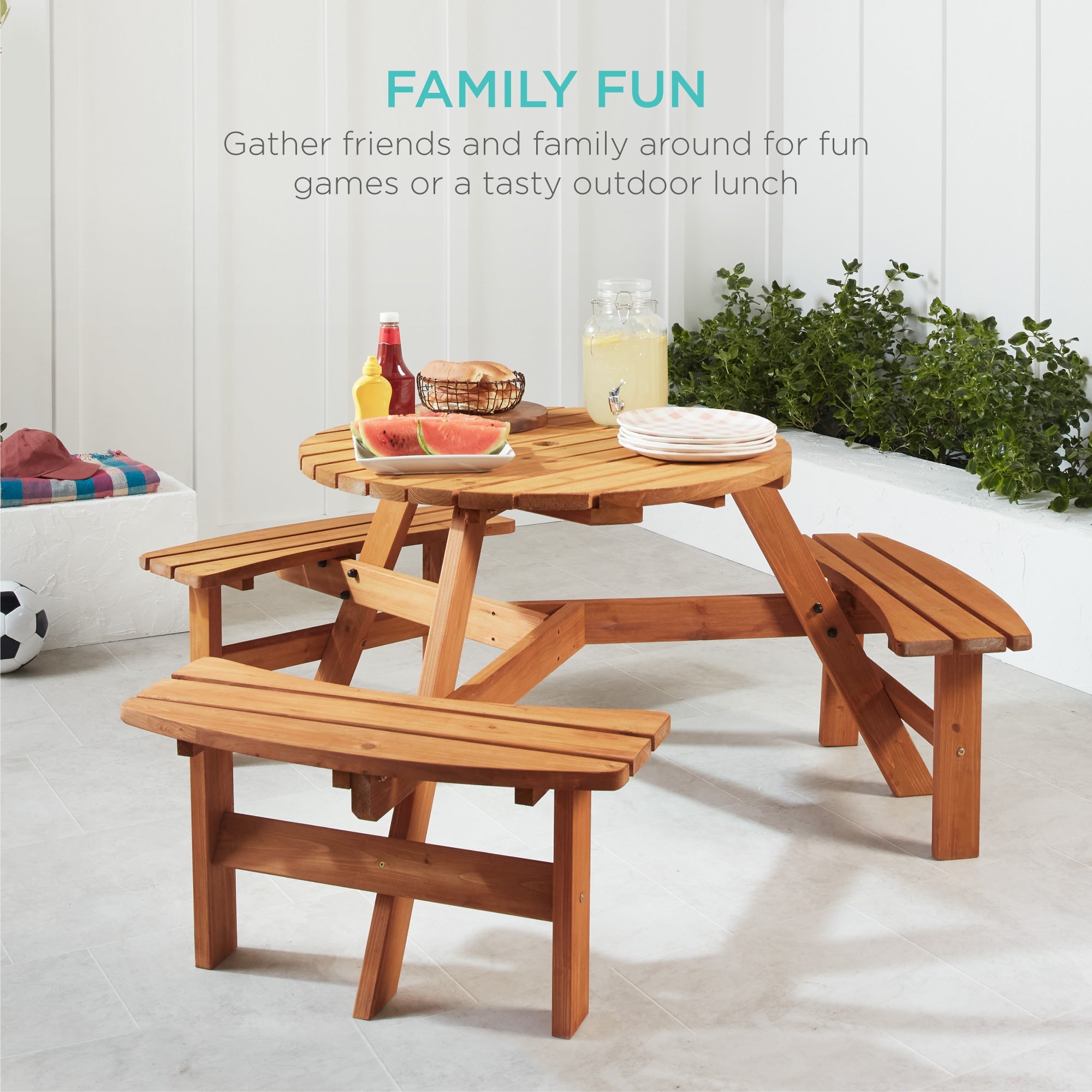 6-Person Circular Wooden Picnic Table w/ Umbrella Hole 3 Benches