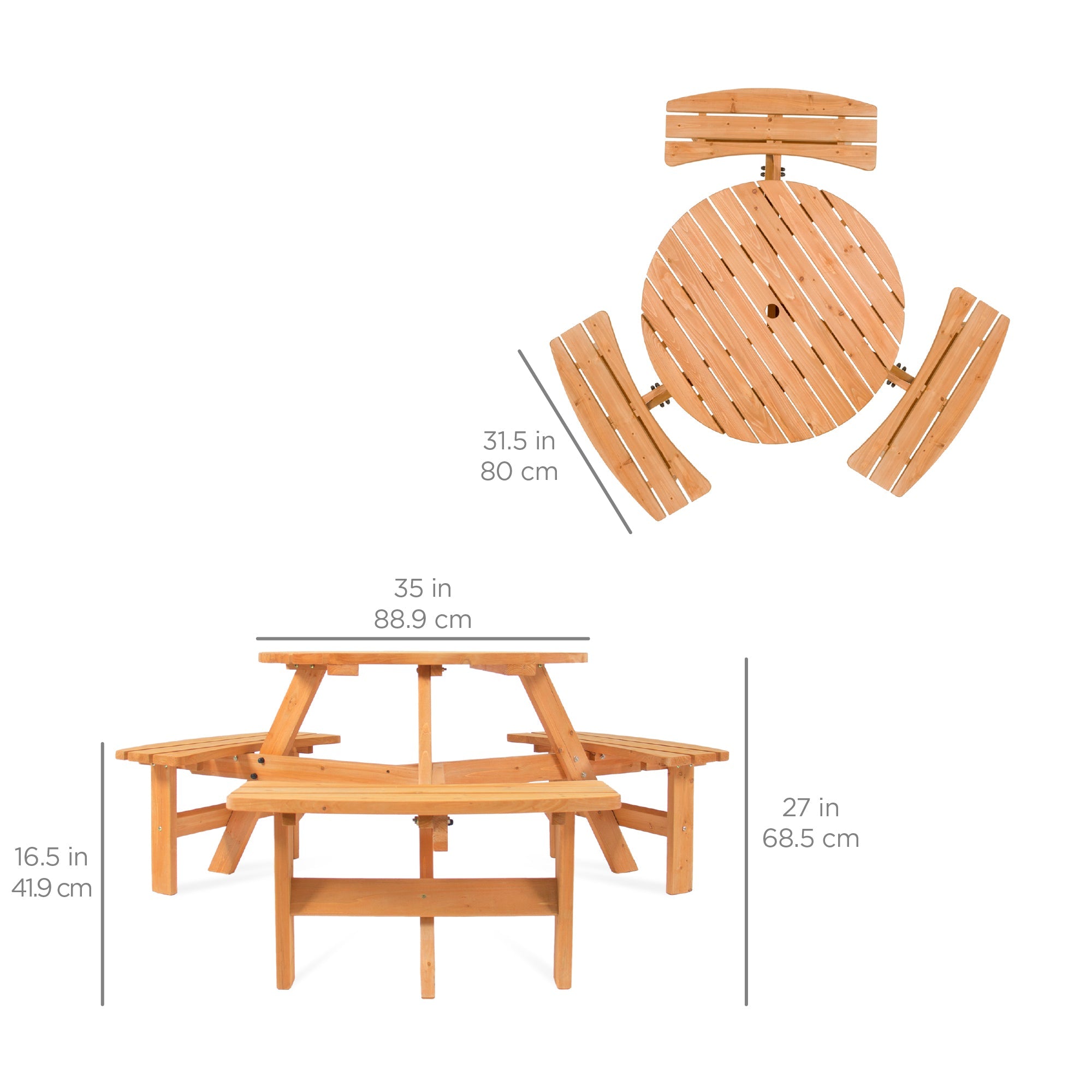 6-Person Circular Wooden Picnic Table w/ Umbrella Hole 3 Benches