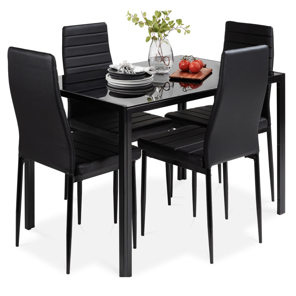 5-Piece Dining Table Set w/ Glass Top Leather Chairs