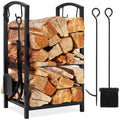 5-Piece Firewood Log Rack Holder Tools Set w/ Hook Broom Shovel Tongs