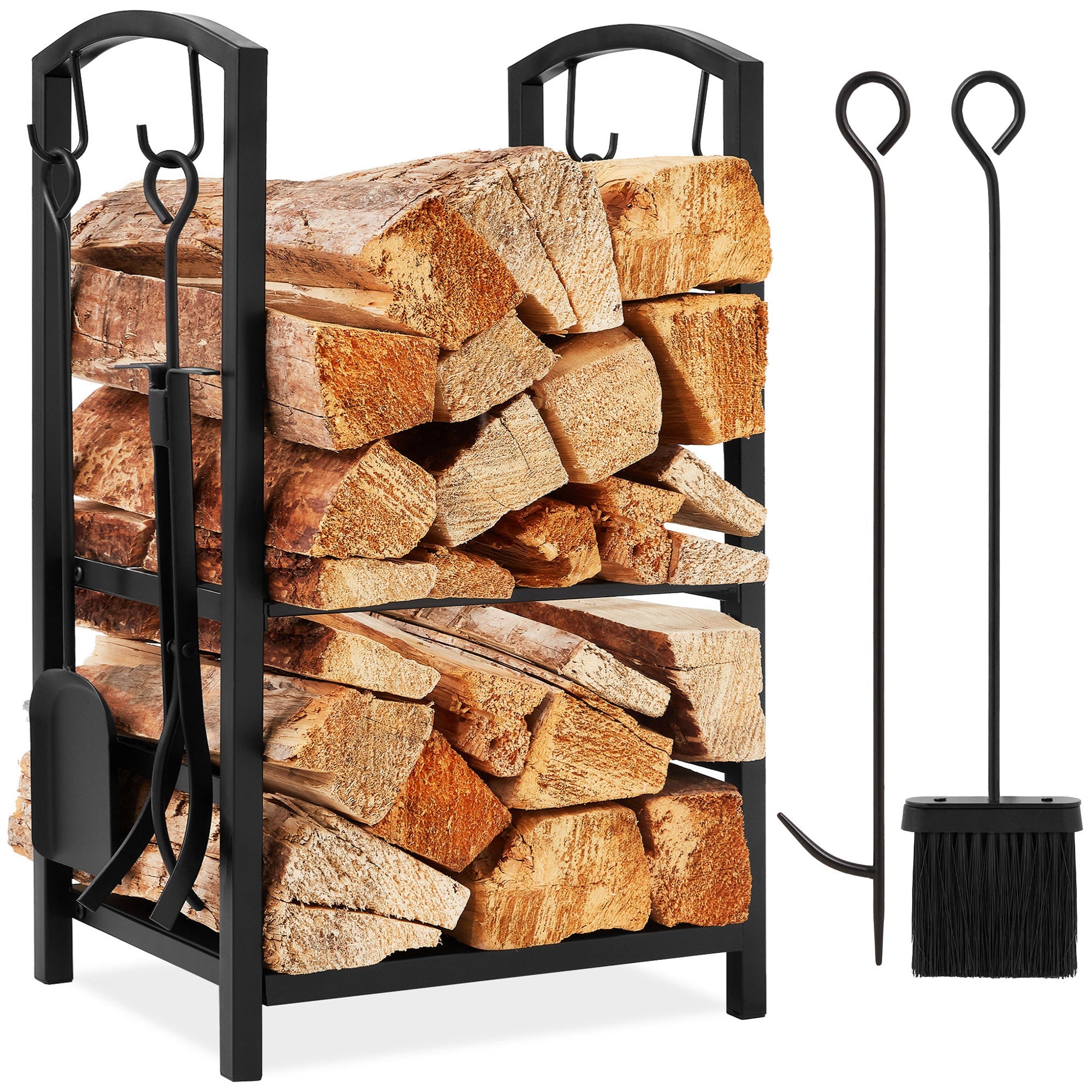 5-Piece Firewood Log Rack Holder Tools Set w/ Hook Broom Shovel Tongs