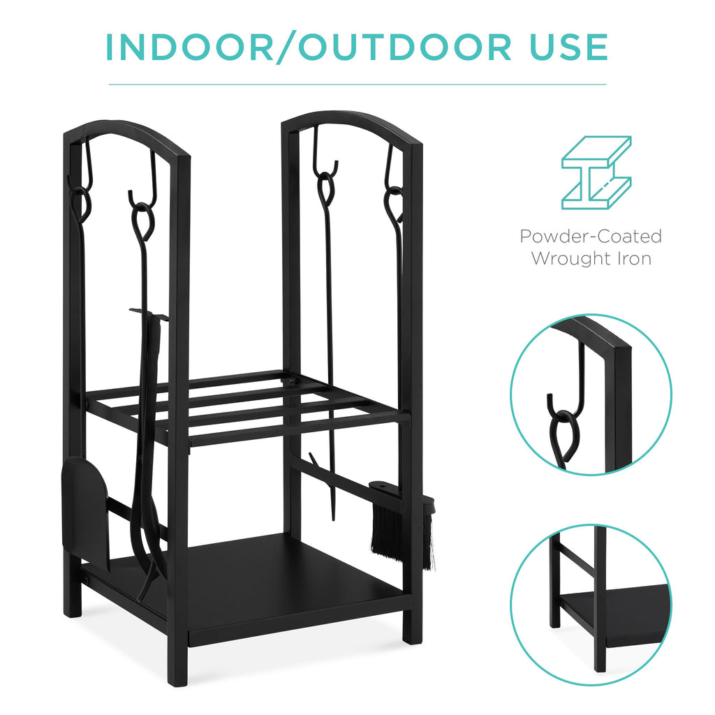 5-Piece Firewood Log Rack Holder Tools Set w/ Hook Broom Shovel Tongs