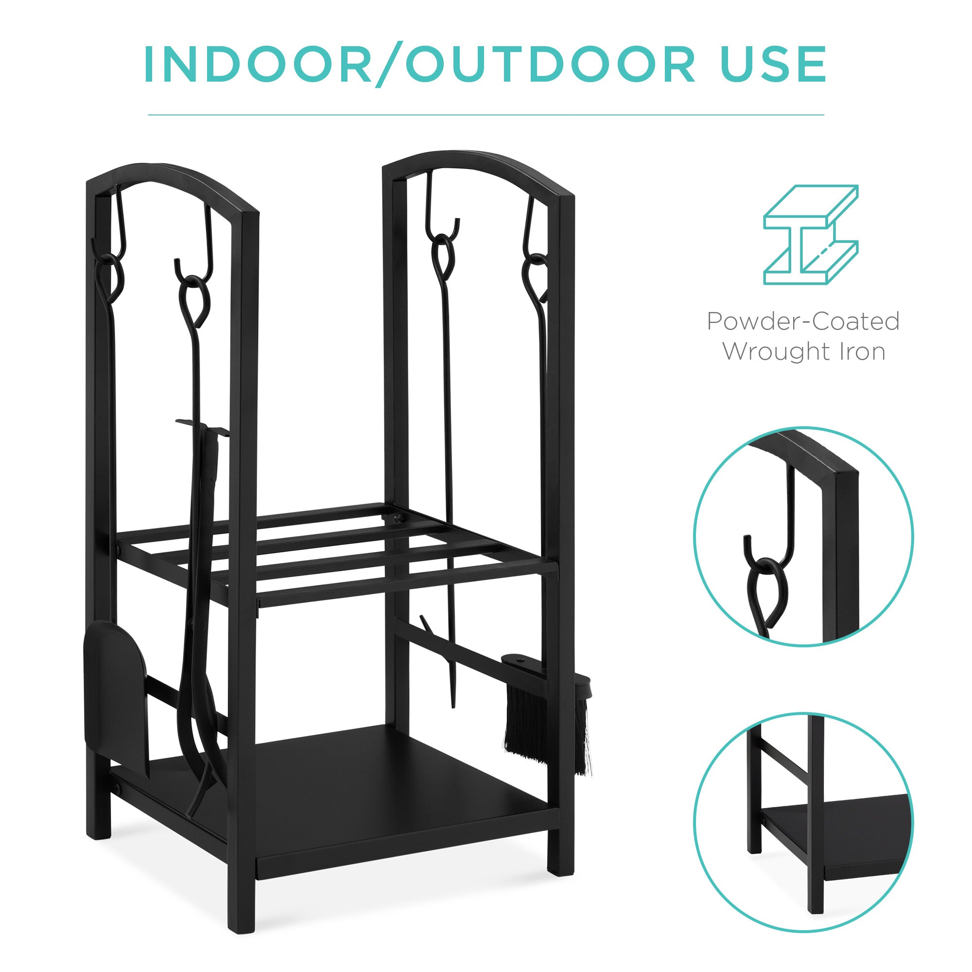 5-Piece Firewood Log Rack Holder Tools Set w/ Hook Broom Shovel Tongs