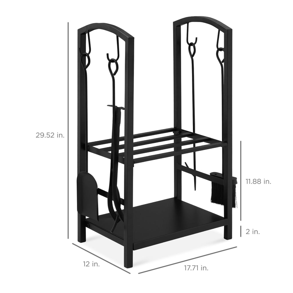 5-Piece Firewood Log Rack Holder Tools Set w/ Hook Broom Shovel Tongs