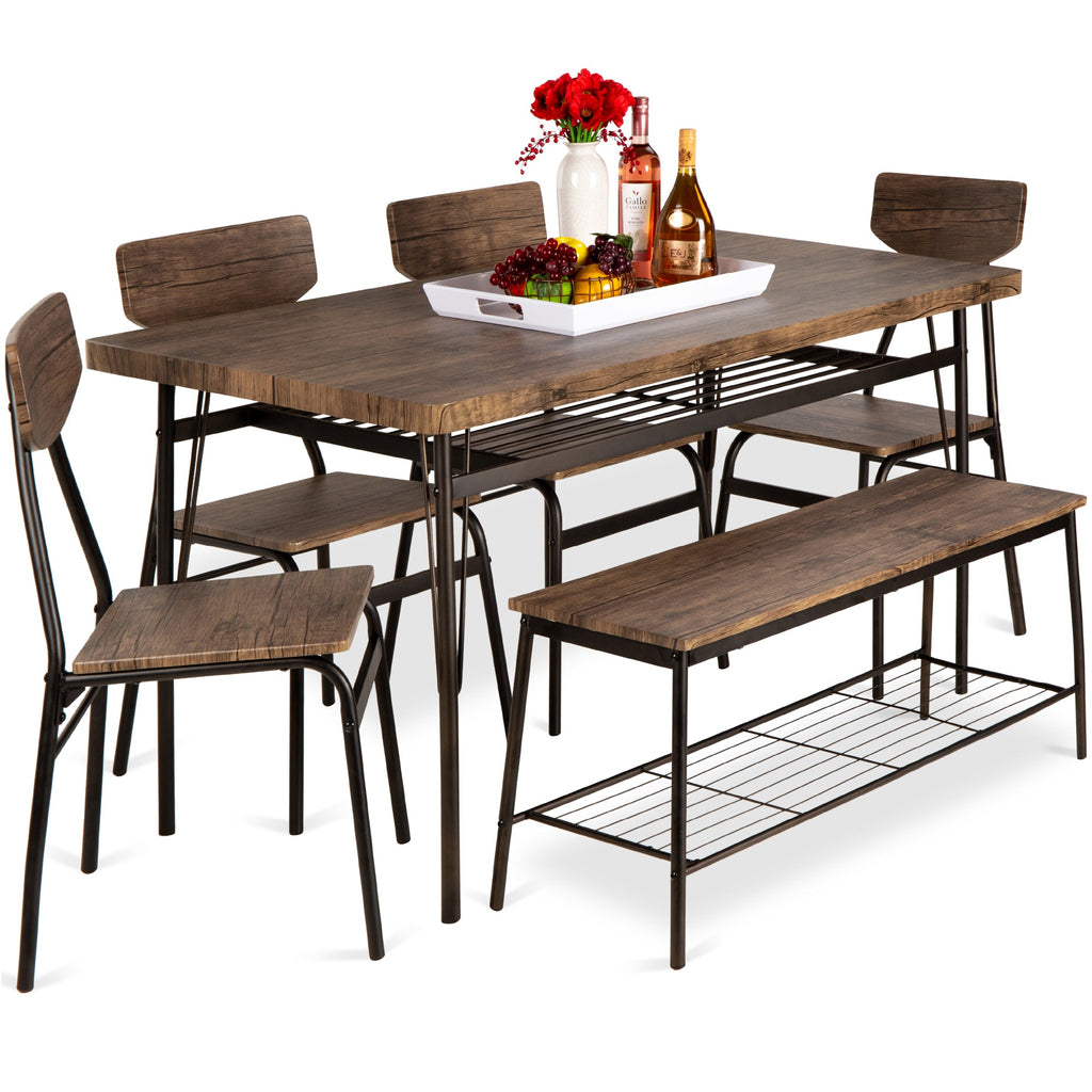 6-Piece Modern Dining Set w/ Storage Racks Table Bench 4 Chairs - 55in