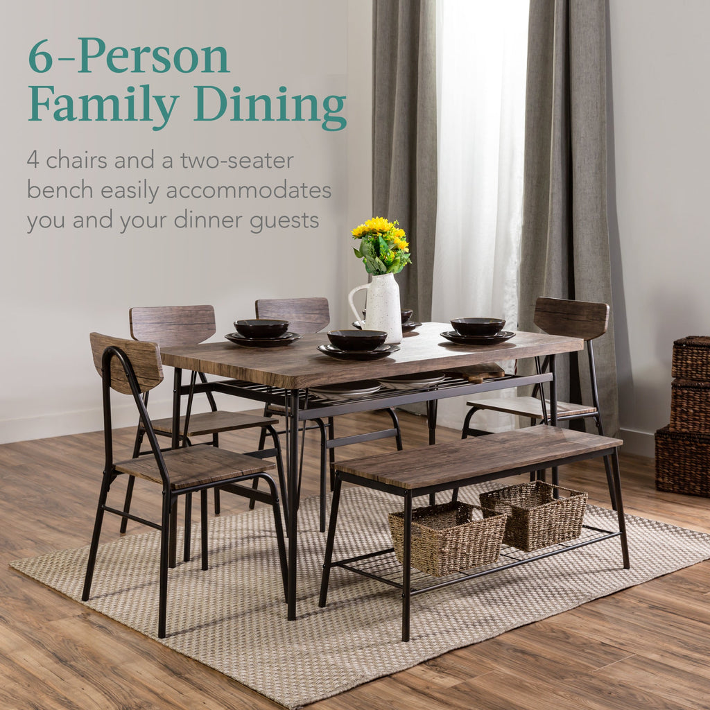 6-Piece Modern Dining Set w/ Storage Racks Table Bench 4 Chairs - 55in
