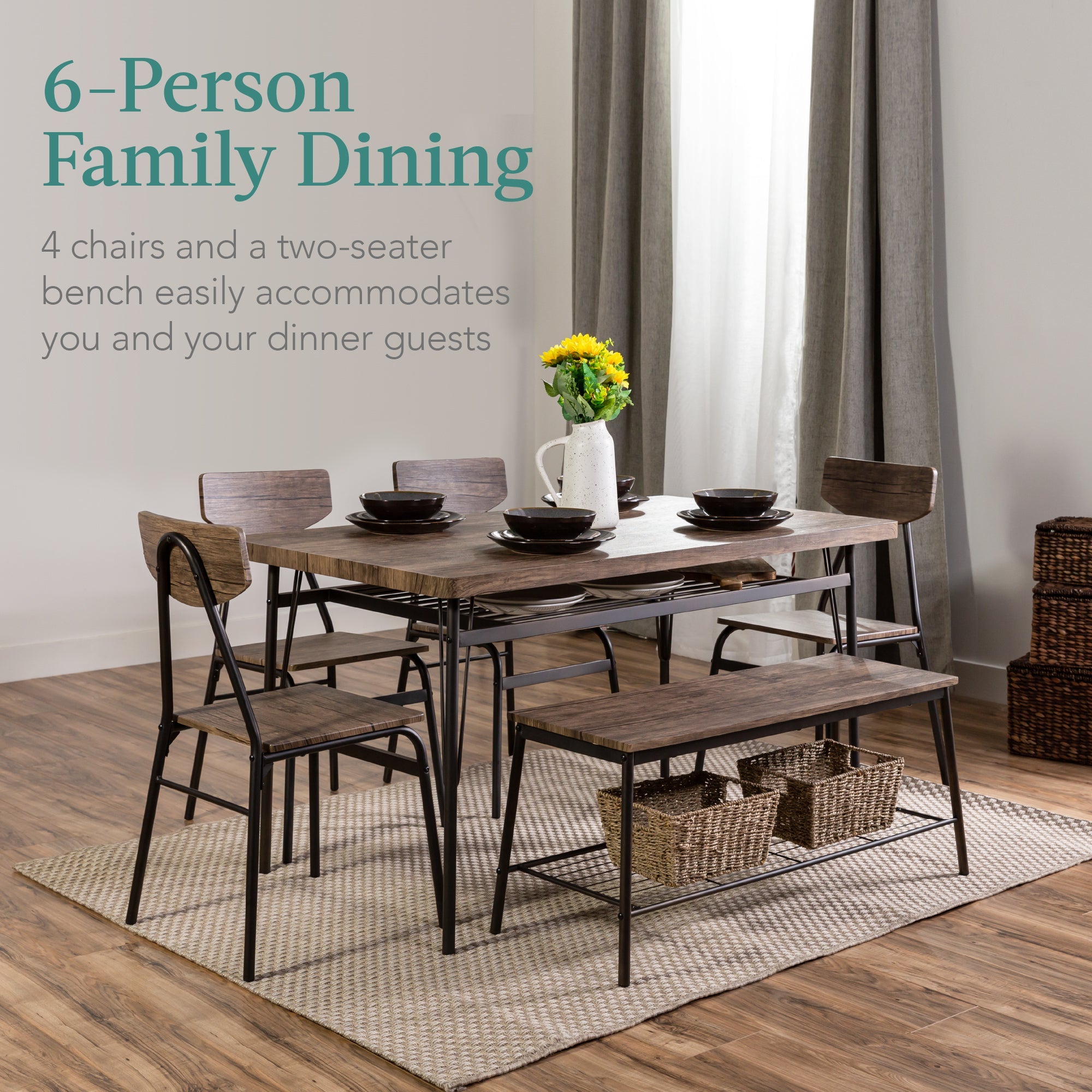 6-Piece Modern Dining Set w/ Storage Racks Table Bench 4 Chairs - 55in