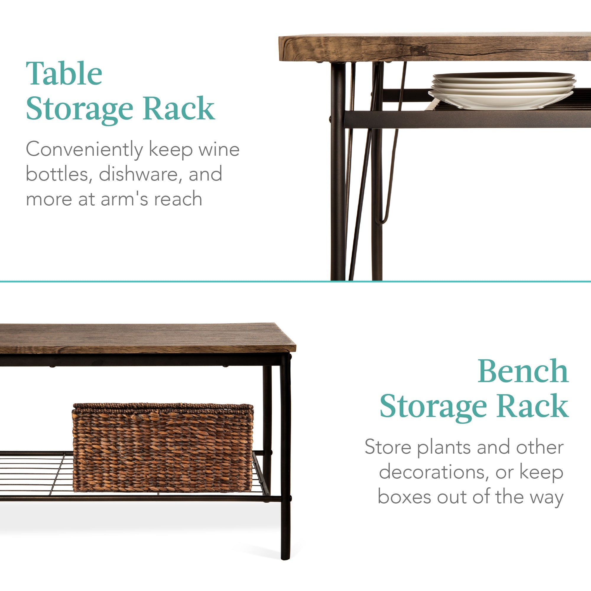 6-Piece Modern Dining Set w/ Storage Racks Table Bench 4 Chairs - 55in