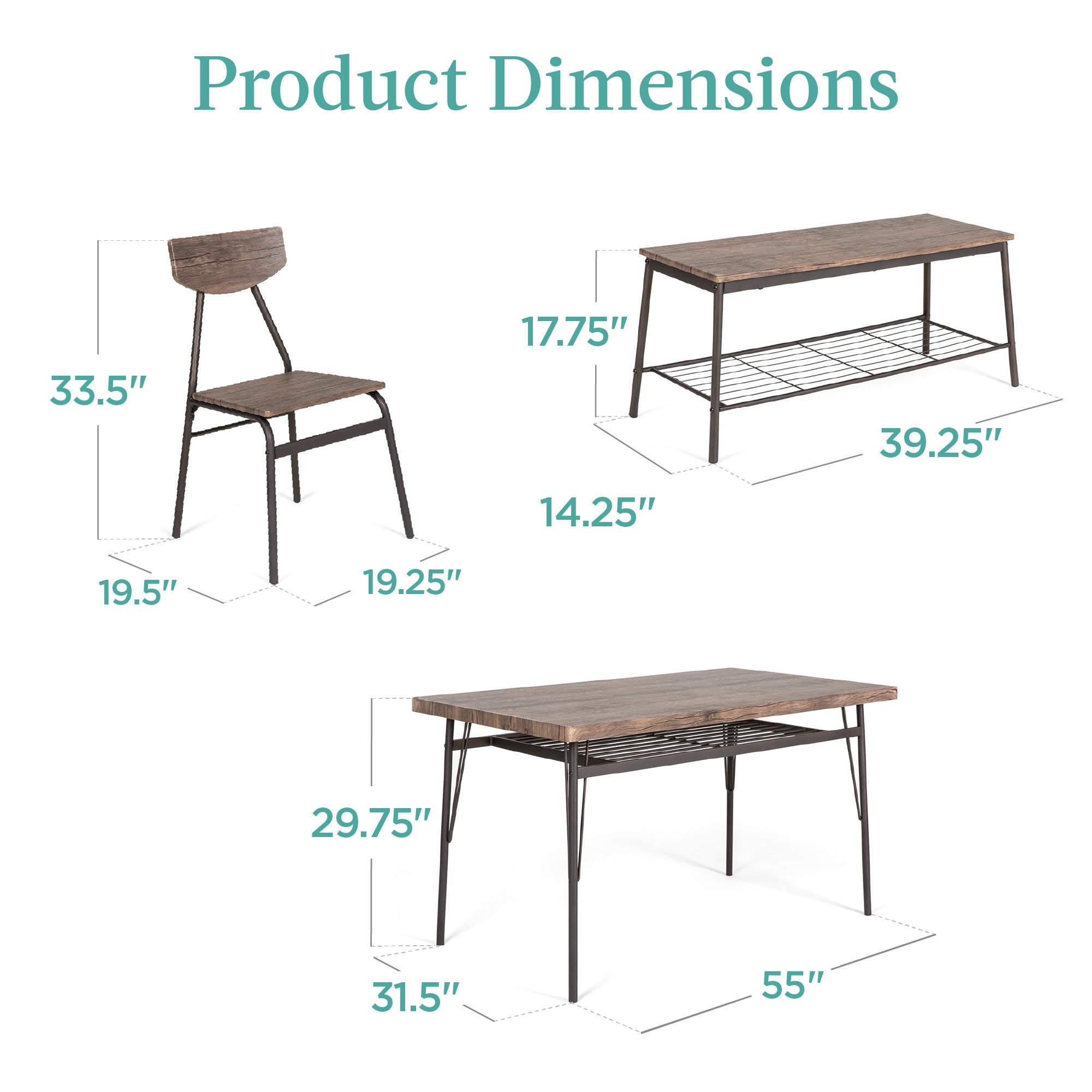 6-Piece Modern Dining Set w/ Storage Racks Table Bench 4 Chairs - 55in