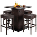 5-Piece Wicker Bar Set w/ 4 Stools Built-In Bottle Opener Hidden Storage