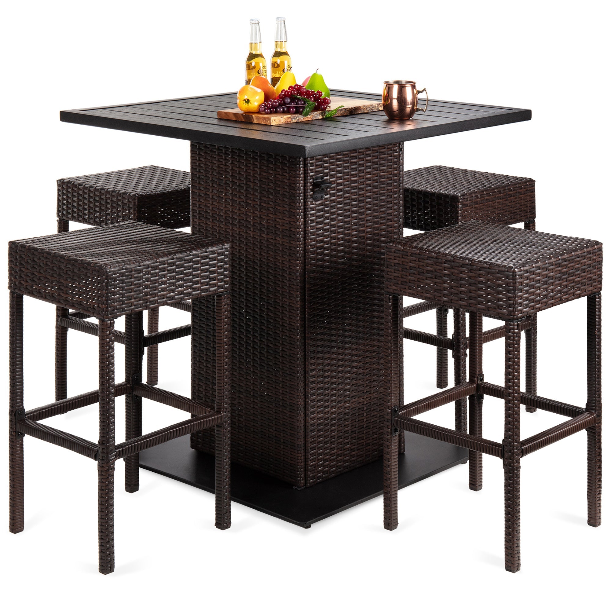 5-Piece Wicker Bar Set w/ 4 Stools Built-In Bottle Opener Hidden Storage