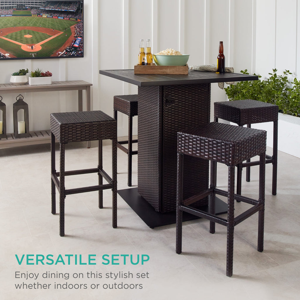5-Piece Wicker Bar Set w/ 4 Stools Built-In Bottle Opener Hidden Storage