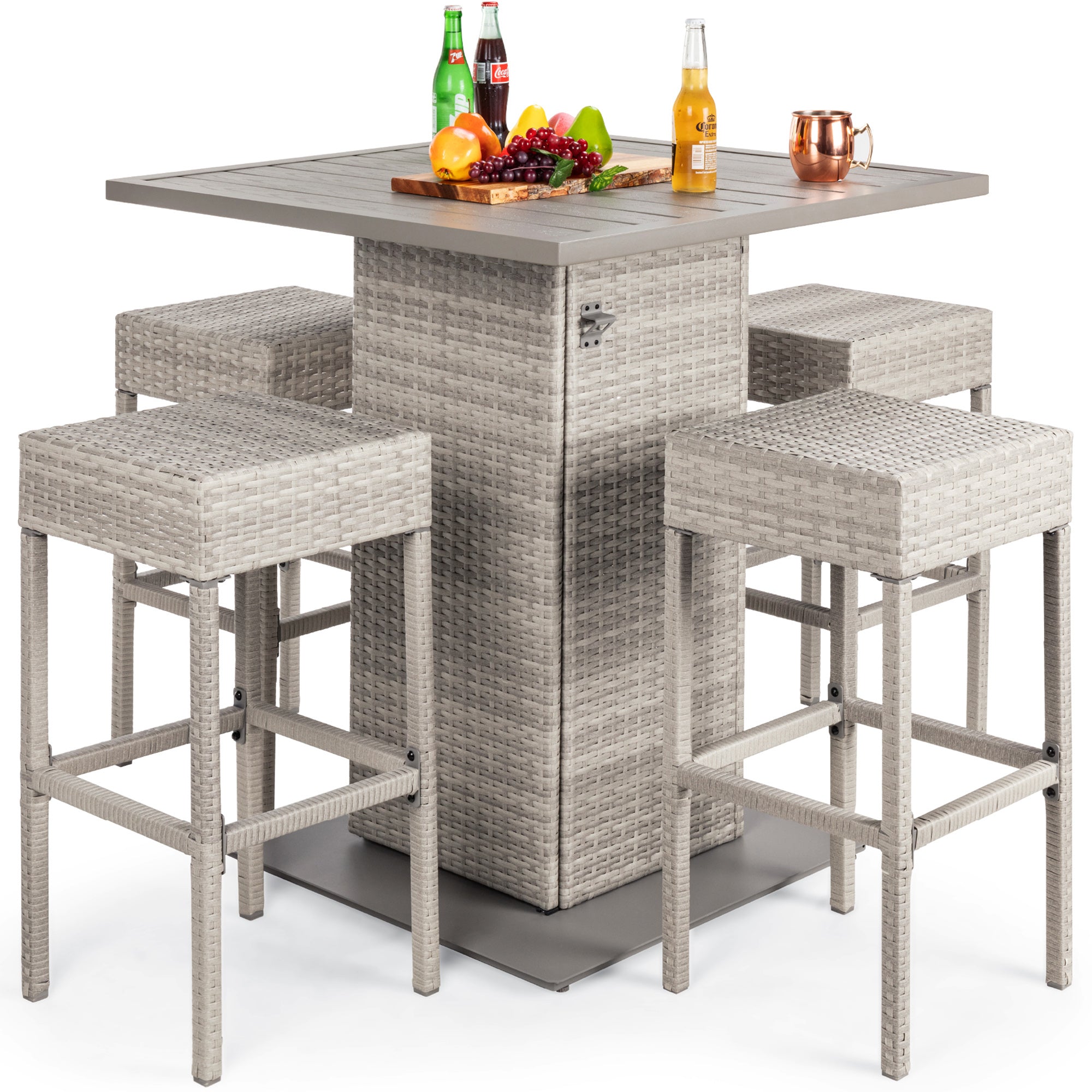 5-Piece Wicker Bar Set w/ 4 Stools Built-In Bottle Opener Hidden Storage