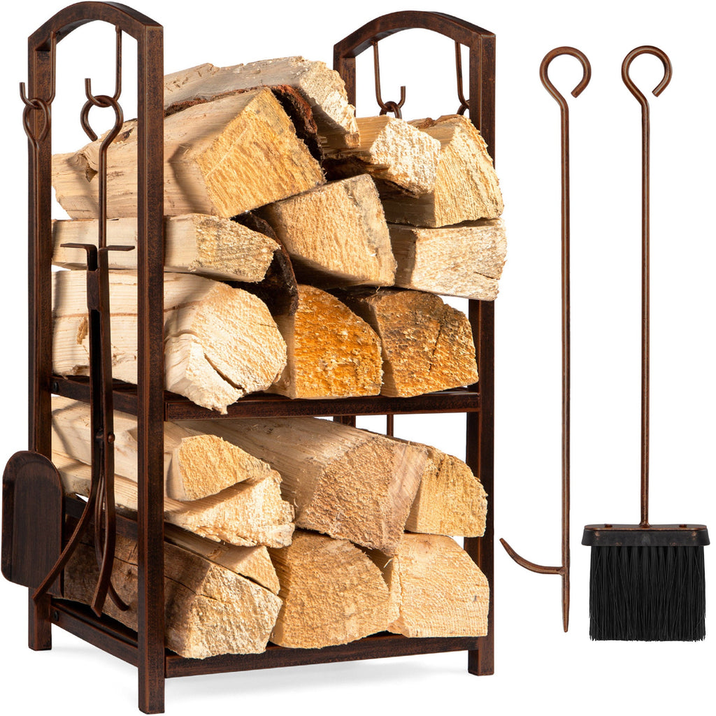 5-Piece Firewood Log Rack Holder Tools Set w/ Hook Broom Shovel Tongs